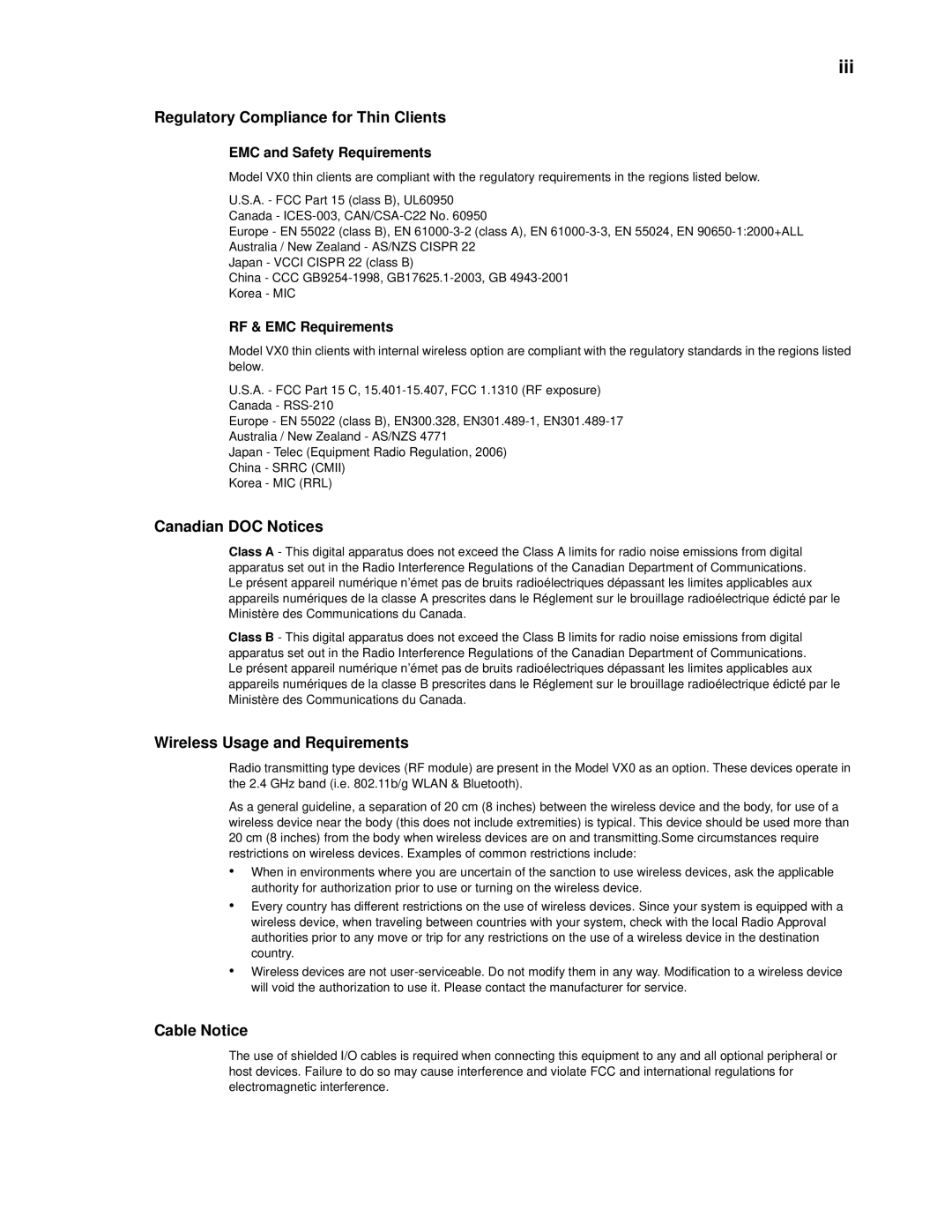 Wyse Technology V90L/LE Iii, Regulatory Compliance for Thin Clients, Canadian DOC Notices, Wireless Usage and Requirements 