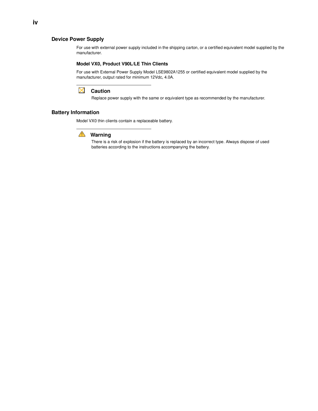 Wyse Technology V90L/LE manual Device Power Supply, Battery Information 