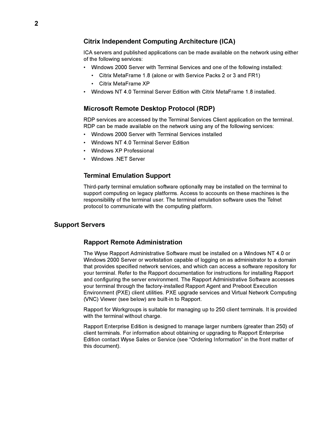 Wyse Technology WintermTM 9000 manual Citrix Independent Computing Architecture ICA, Microsoft Remote Desktop Protocol RDP 