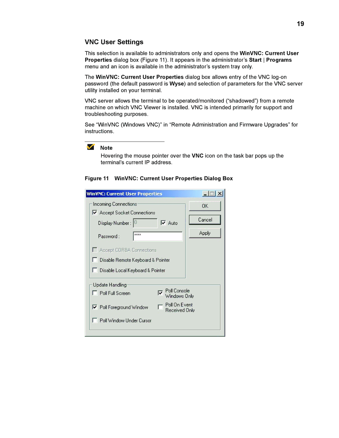 Wyse Technology WintermTM 9000 manual VNC User Settings, WinVNC Current User Properties Dialog Box 