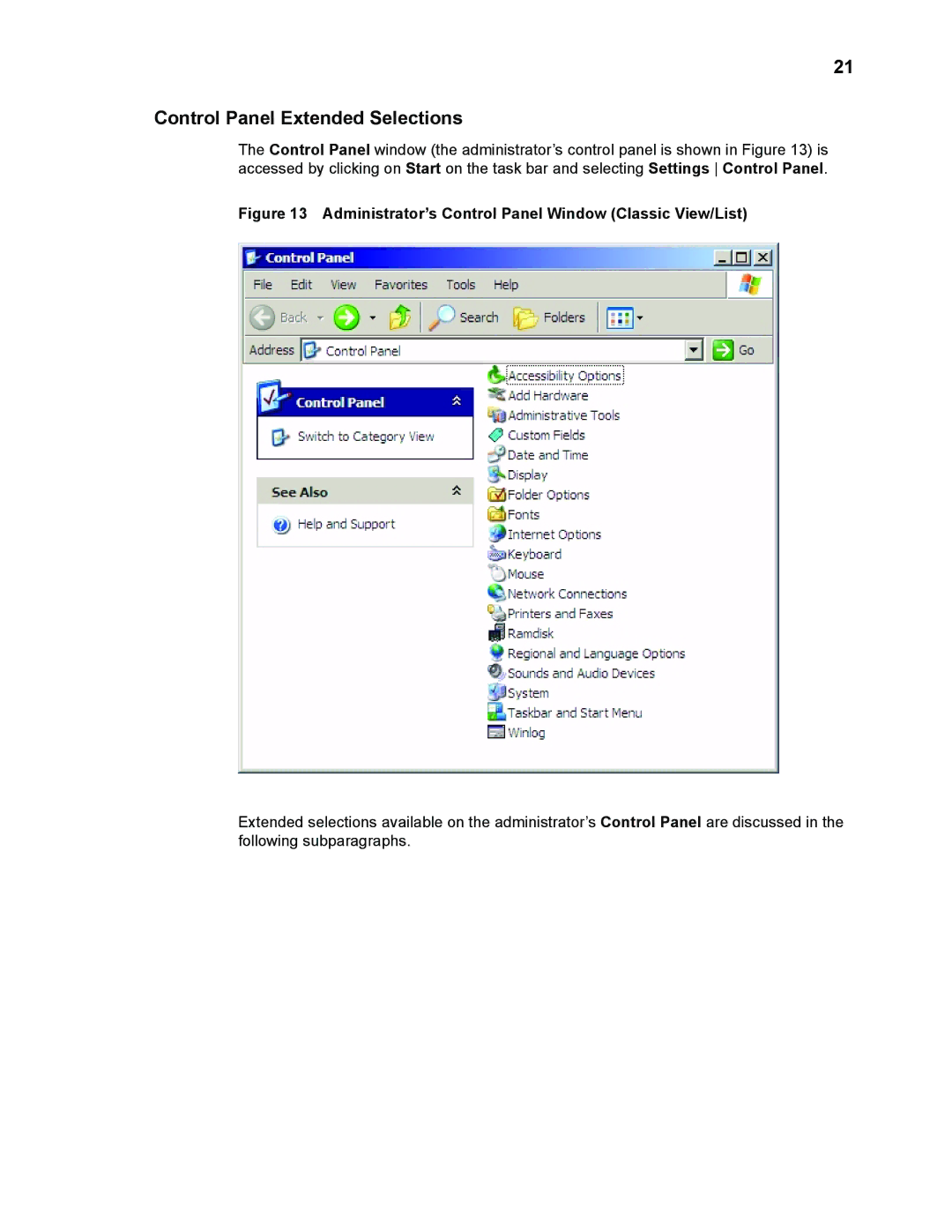 Wyse Technology WintermTM 9000 Control Panel Extended Selections, Administrator’s Control Panel Window Classic View/List 