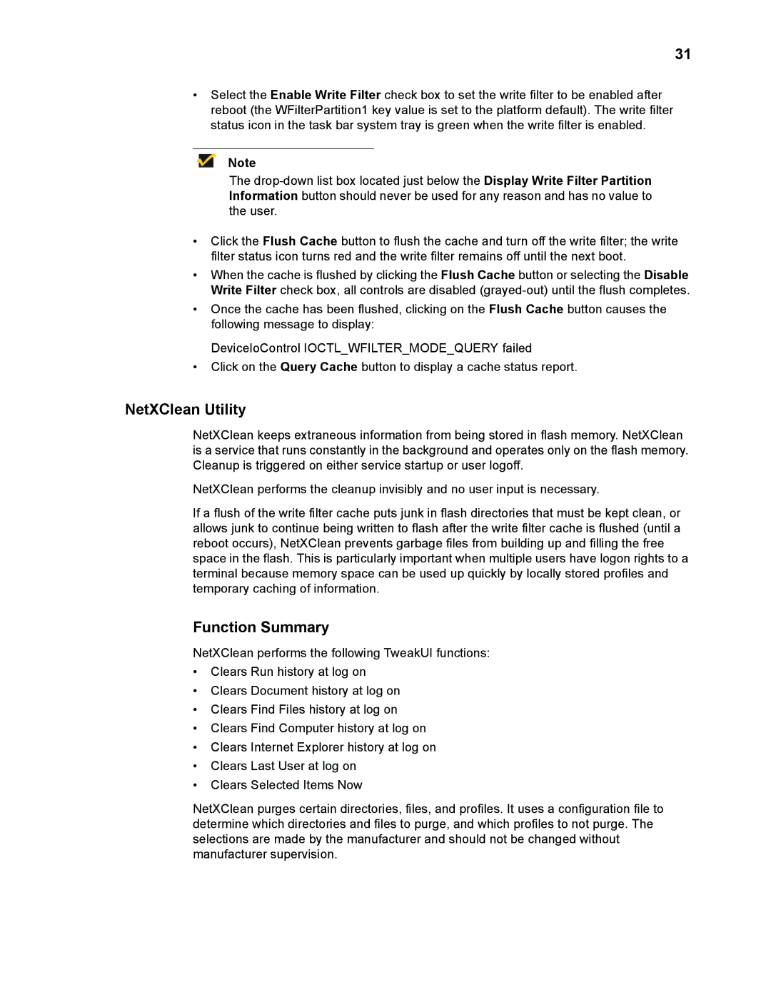 Wyse Technology WintermTM 9000 manual NetXClean Utility, Function Summary 