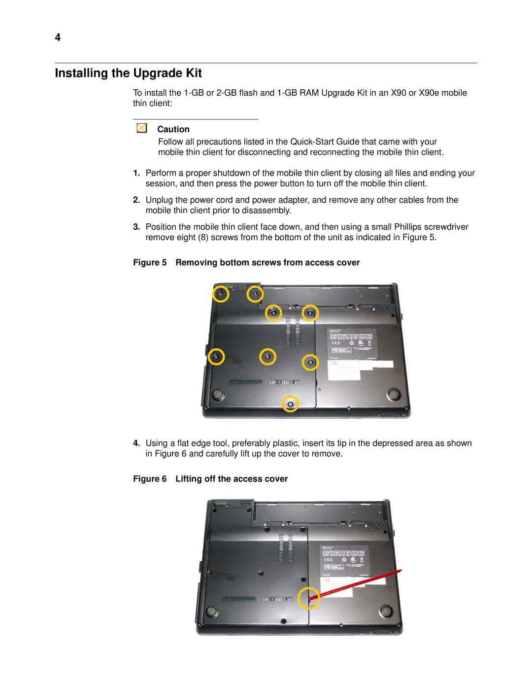 Wyse Technology X90e manual Installing the Upgrade Kit, Removing bottom screws from access cover 