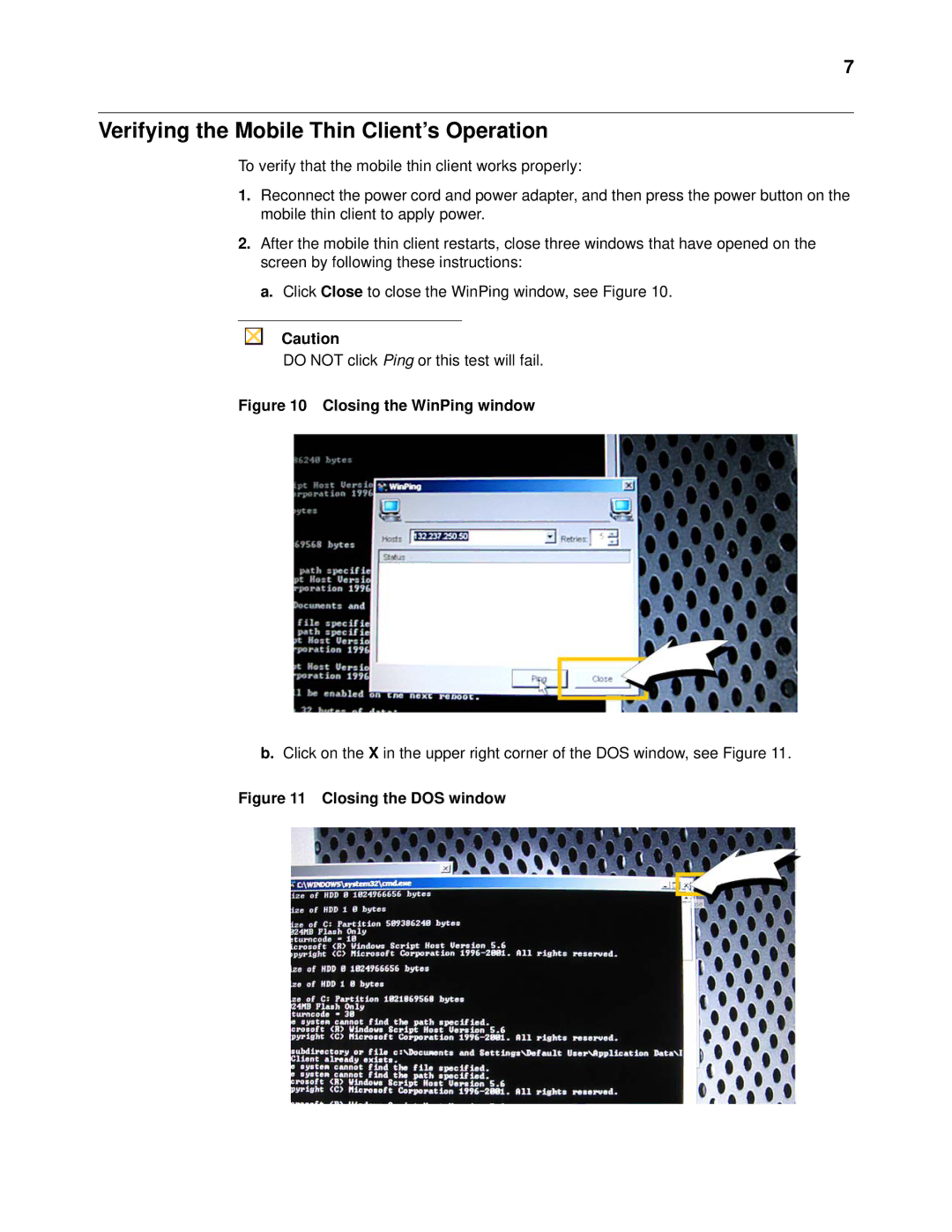 Wyse Technology X90e manual Verifying the Mobile Thin Client’s Operation, Closing the WinPing window 