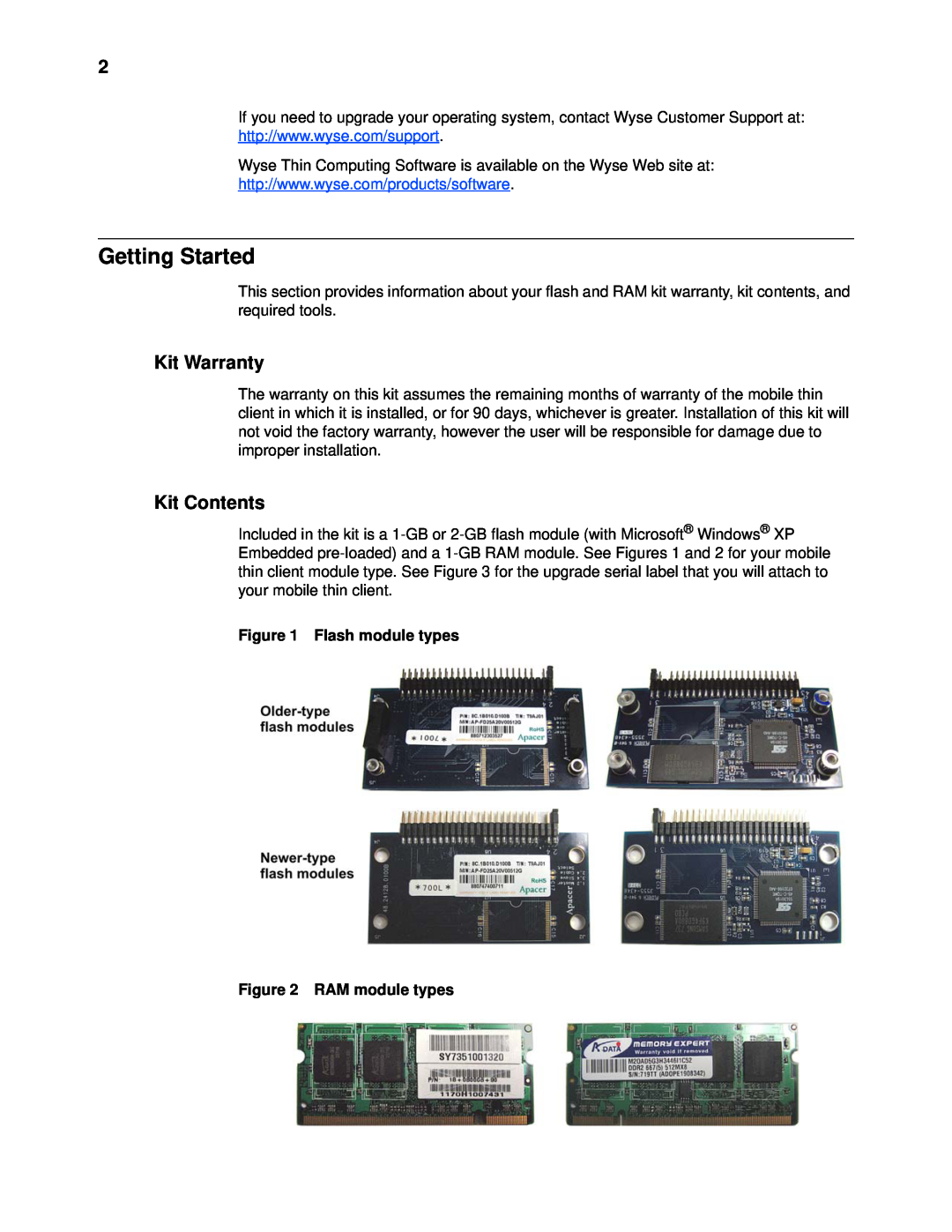 Wyse Technology X90e manual Getting Started, Kit Warranty, Kit Contents, Flash module types, RAM module types 