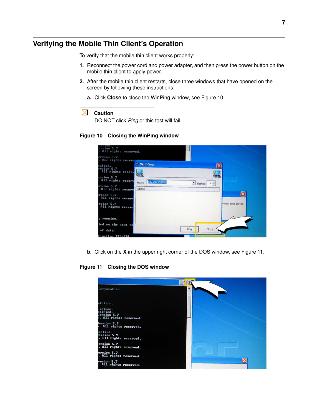 Wyse Technology X90LE manual Verifying the Mobile Thin Client’s Operation, Closing the WinPing window 