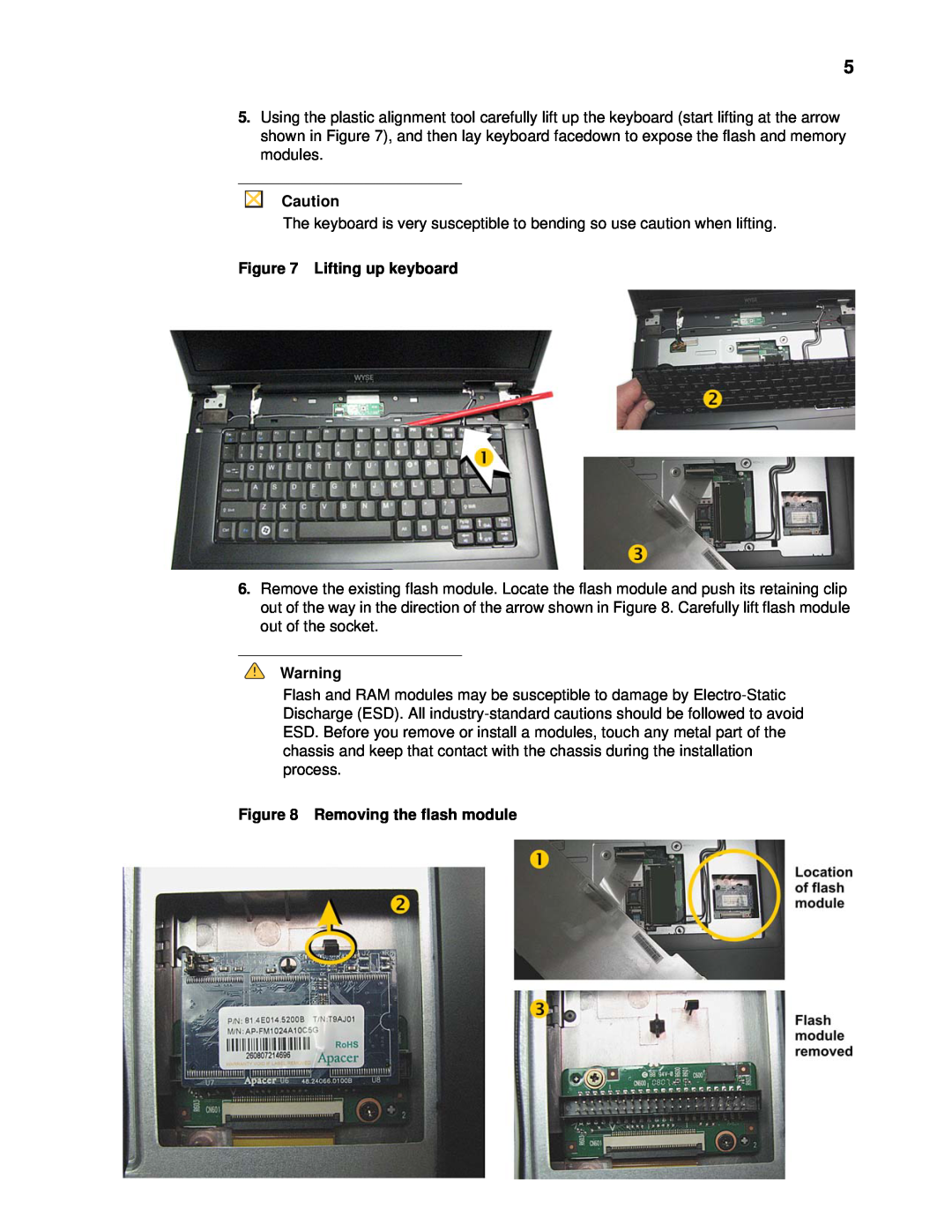Wyse Technology X90LE manual Lifting up keyboard, Removing the flash module 