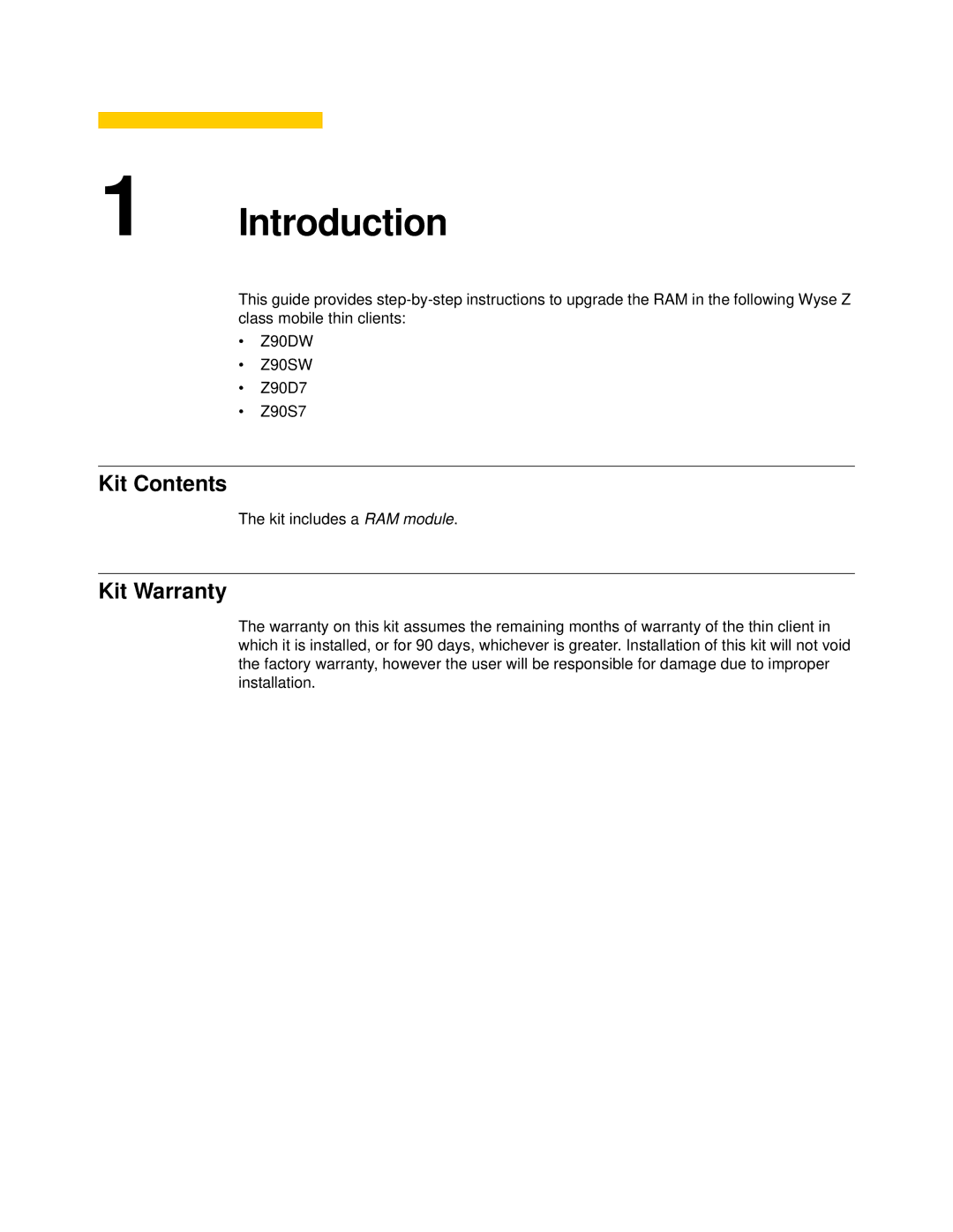 Wyse Technology Z90DW, Z90SW, Z90S7, Z90D7 manual Introduction, Kit Warranty 