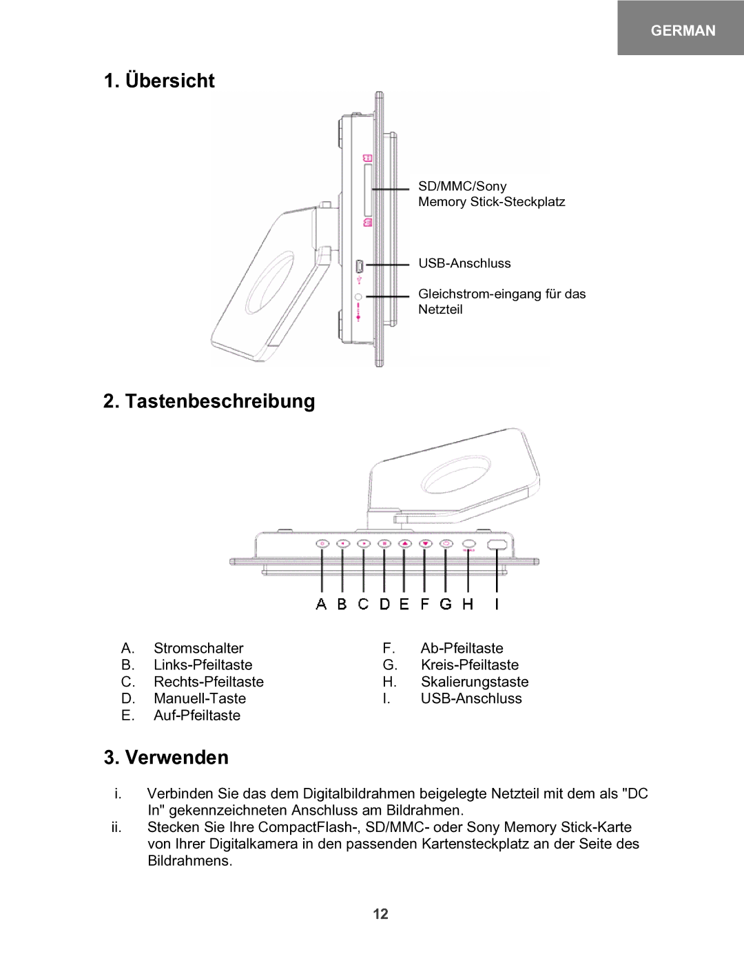 X-Micro Tech 100 user manual Übersicht, Tastenbeschreibung, Verwenden 