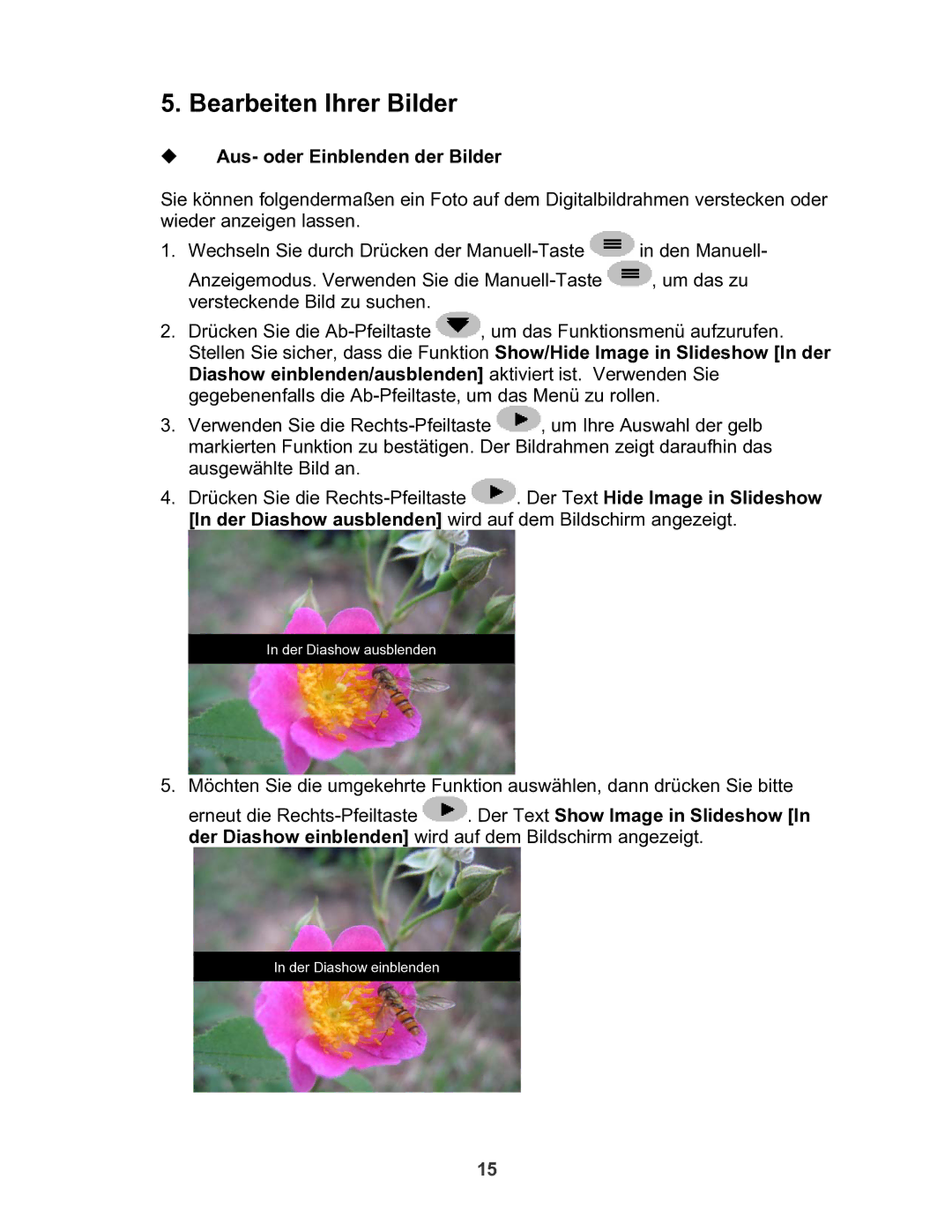 X-Micro Tech 100 user manual Bearbeiten Ihrer Bilder, ‹ Aus- oder Einblenden der Bilder 