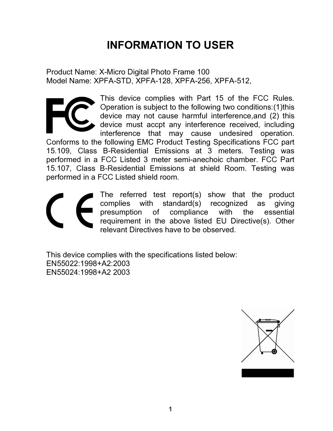 X-Micro Tech 100 user manual Information to User 