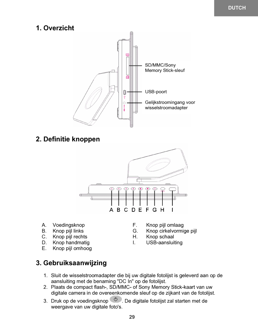 X-Micro Tech 100 user manual Overzicht, Definitie knoppen, Gebruiksaanwijzing 