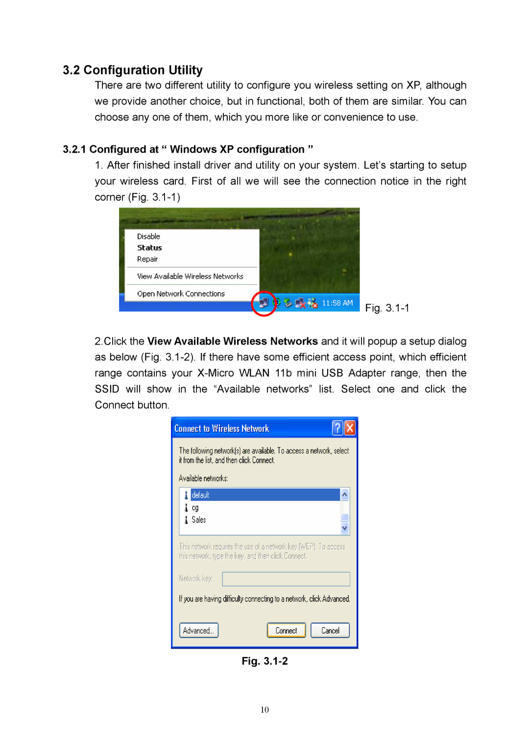 X-Micro Tech 11b mini user manual Configuration Utility, Configured at Windows XP configuration 