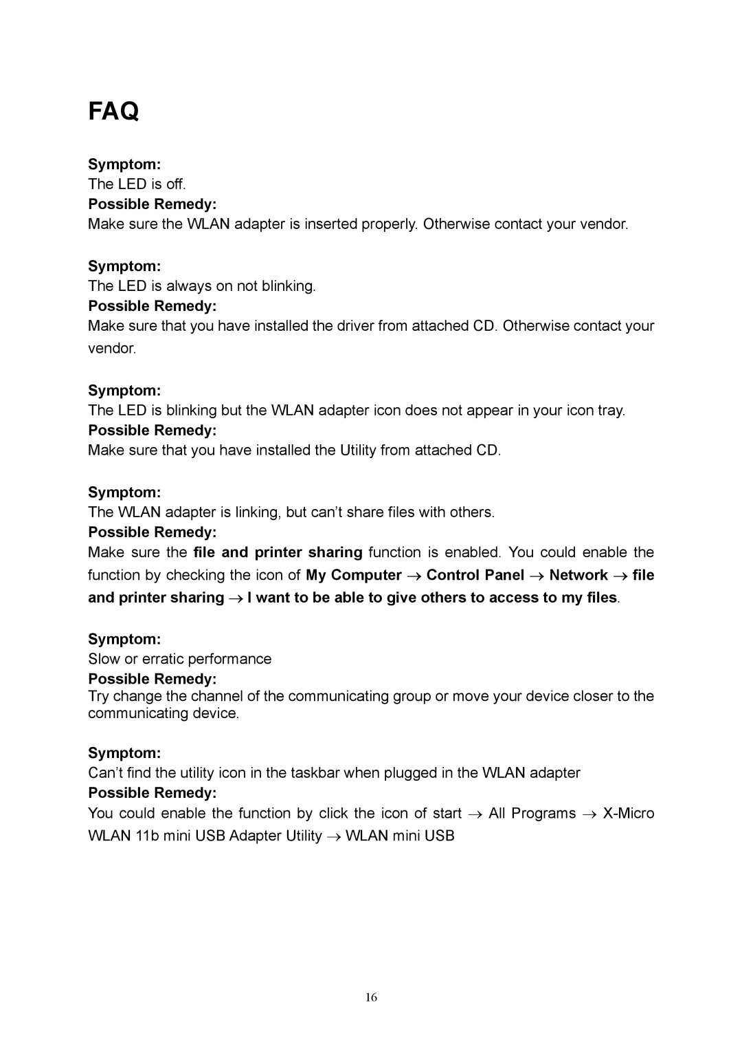 X-Micro Tech 11b mini user manual Symptom, Possible Remedy 