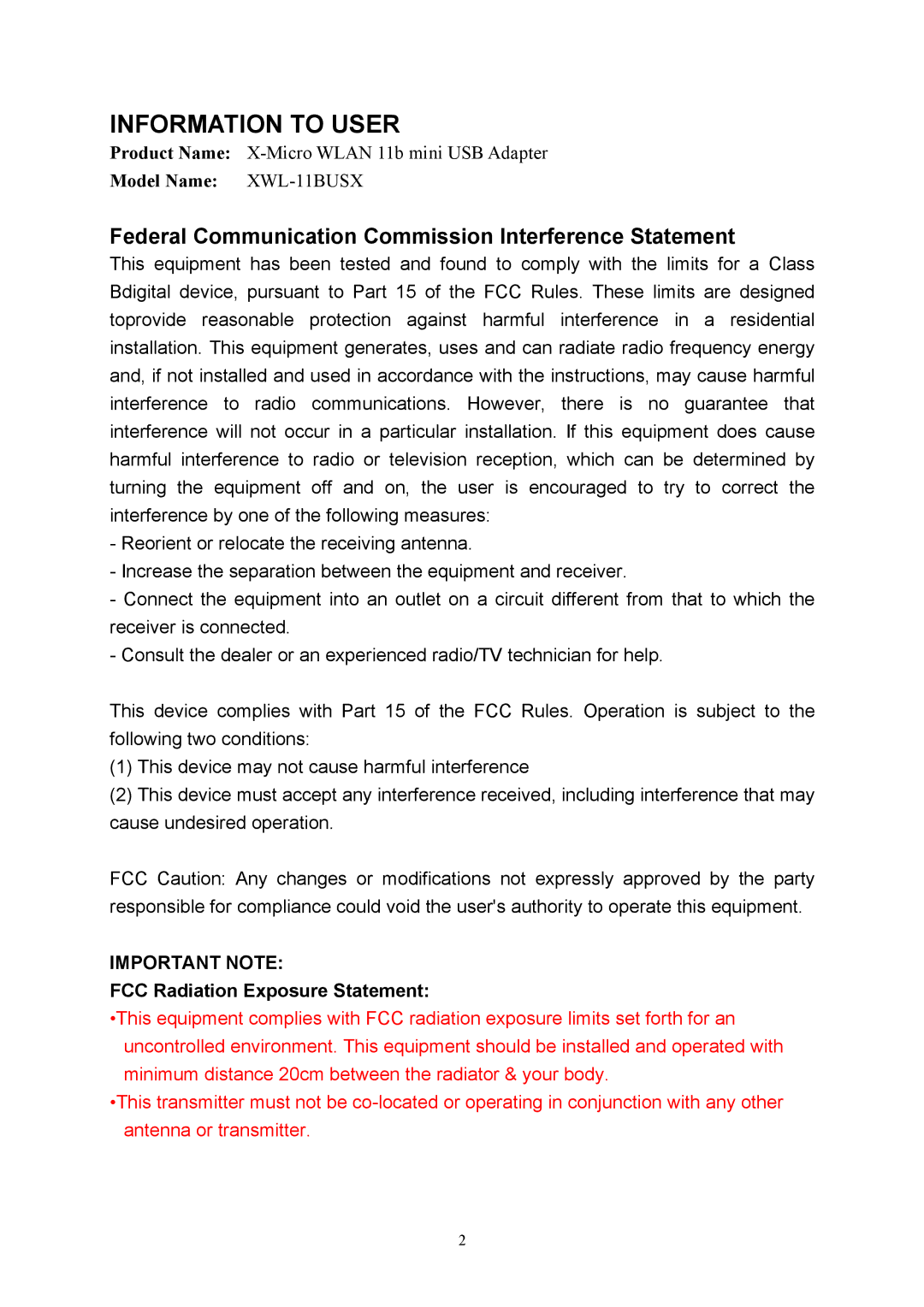 X-Micro Tech 11b mini user manual Federal Communication Commission Interference Statement, Important Note 