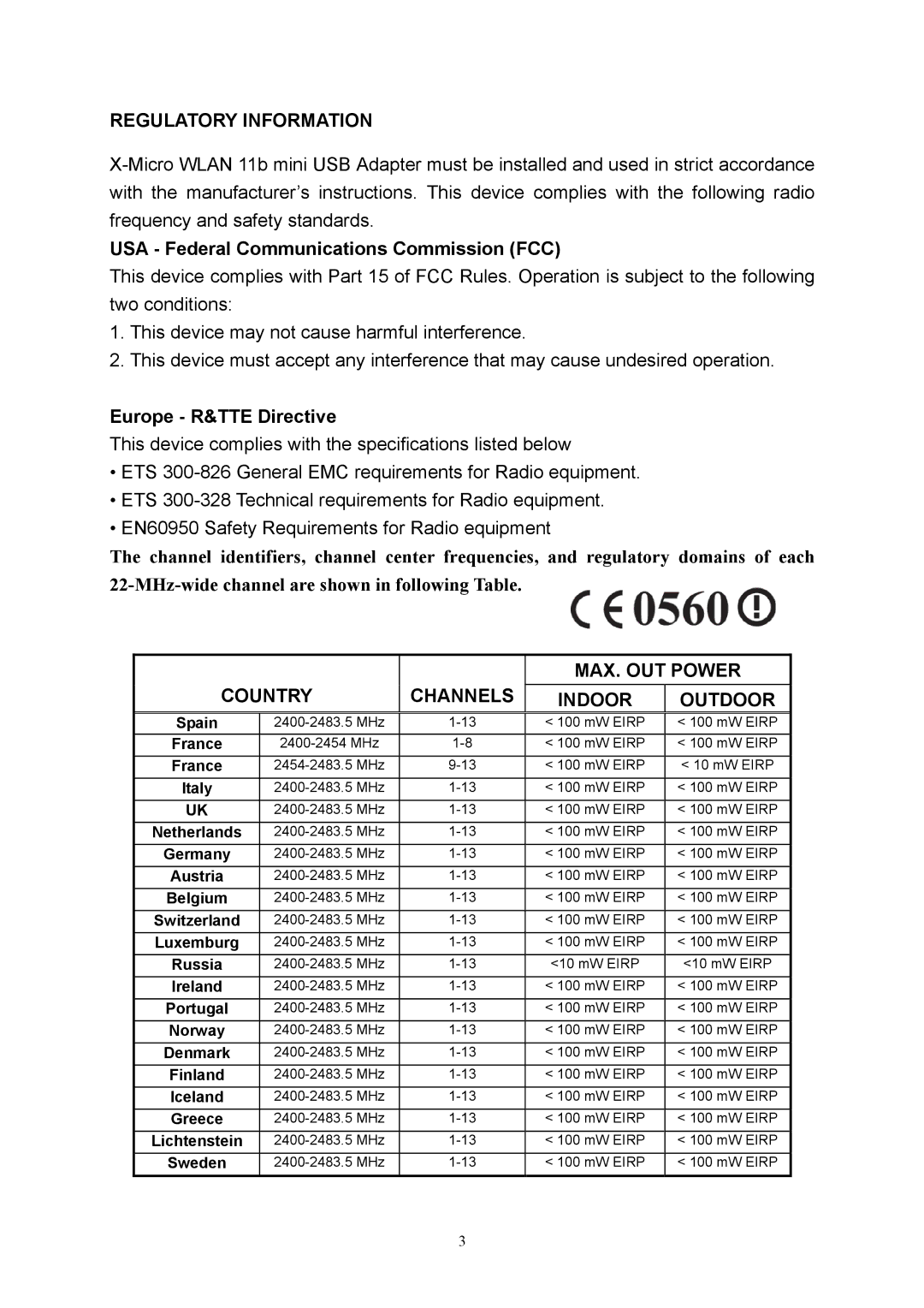 X-Micro Tech 11b mini user manual Regulatory Information, USA Federal Communications Commission FCC, Europe R&TTE Directive 