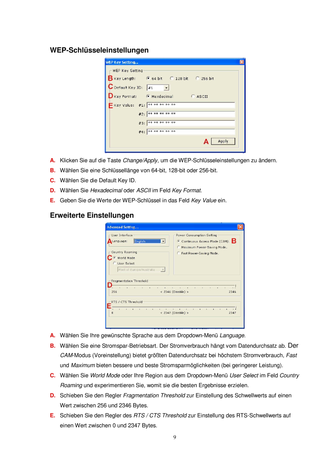 X-Micro Tech 11G manual WEP-Schlüsseleinstellungen, Erweiterte Einstellungen 