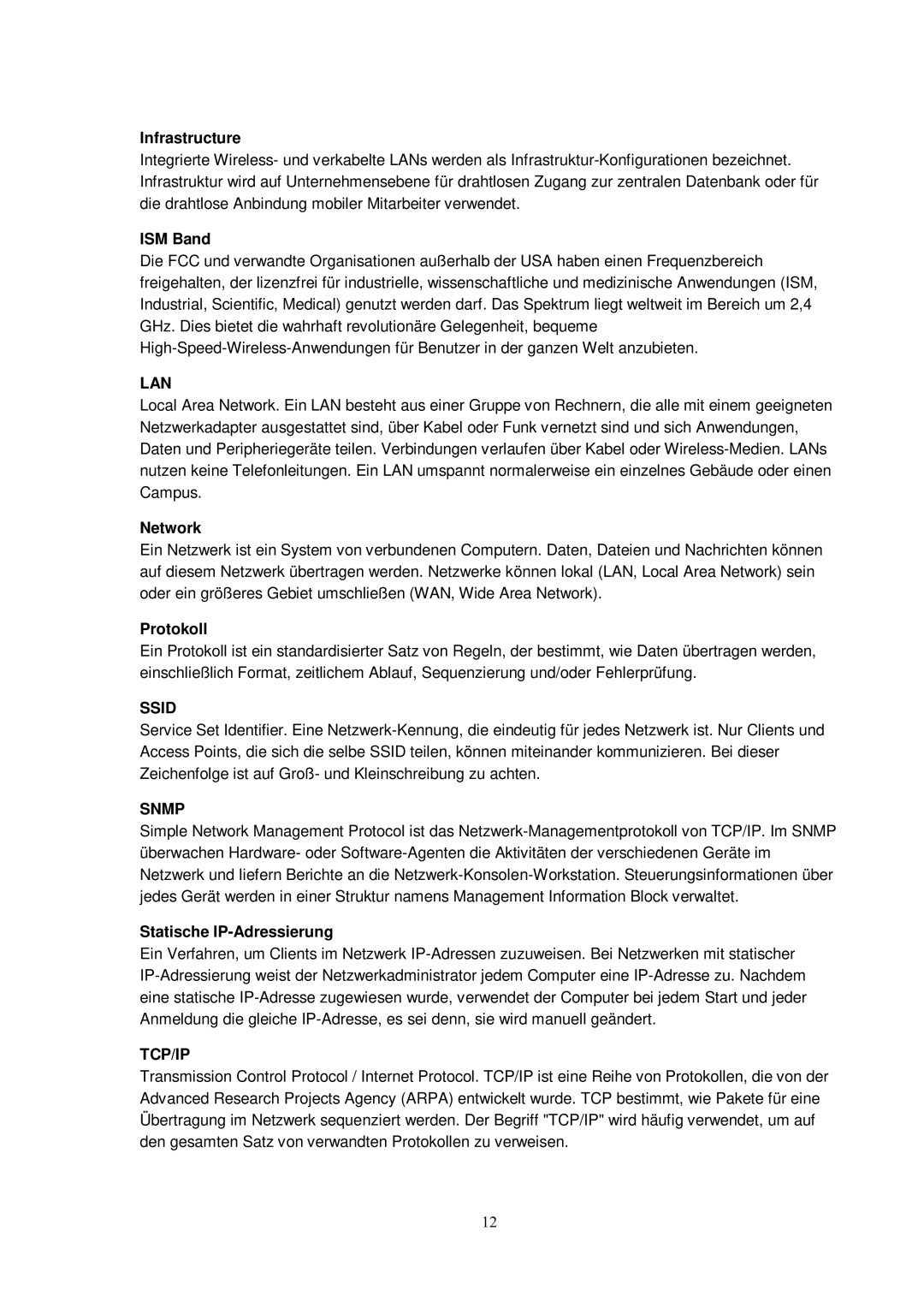 X-Micro Tech 11G manual Infrastructure, ISM Band, Network, Protokoll, Statische IP-Adressierung 