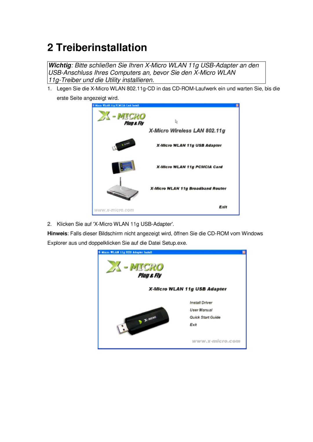 X-Micro Tech 11G manual Treiberinstallation 