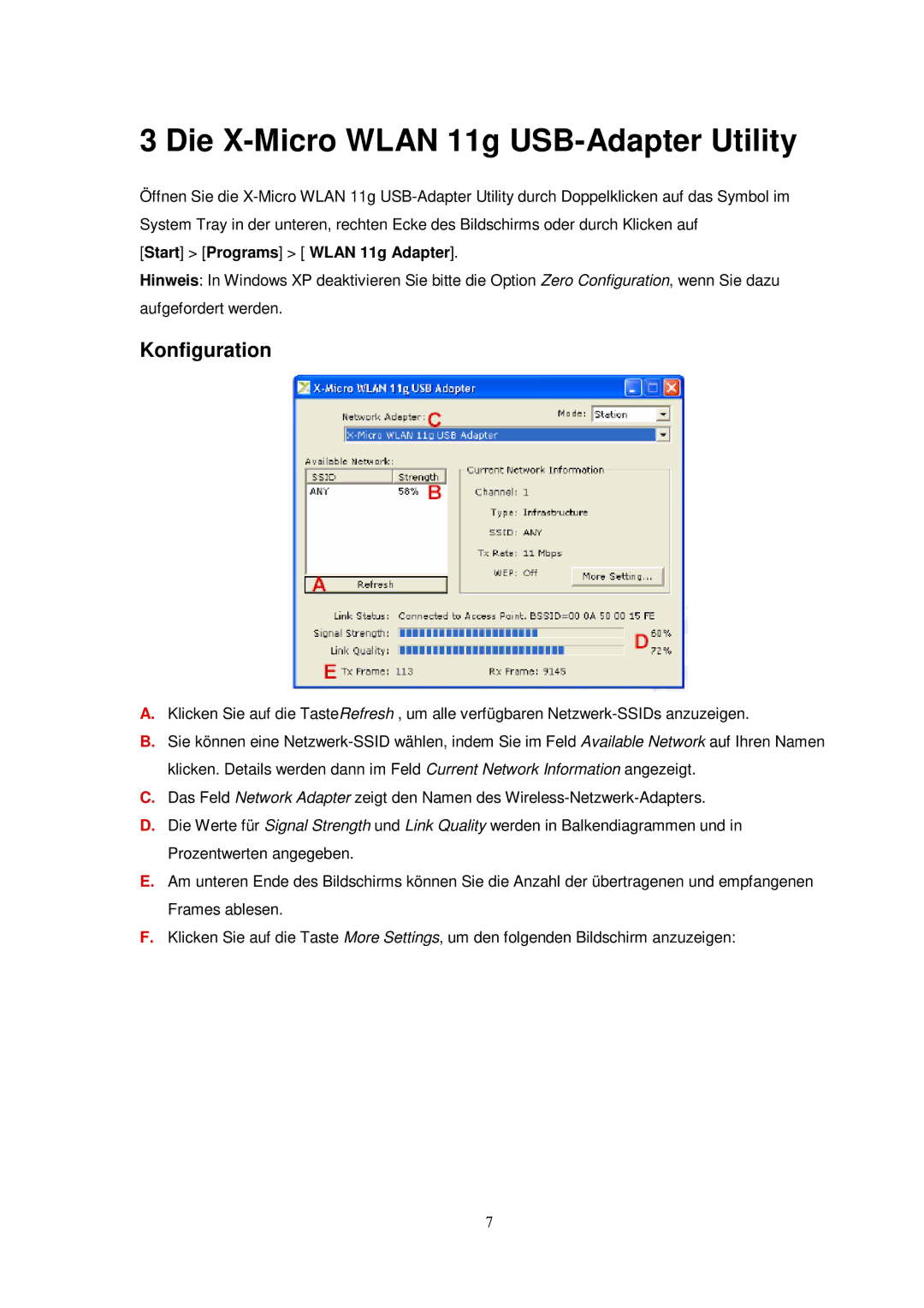 X-Micro Tech 11G manual Die X-Micro Wlan 11g USB-Adapter Utility, Konfiguration, Start Programs Wlan 11g Adapter 