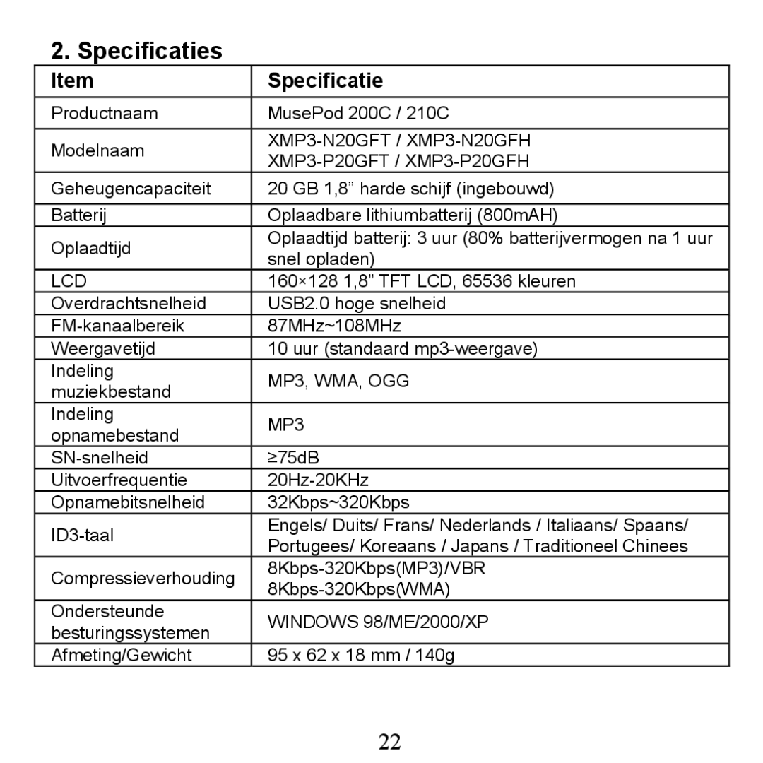 X-Micro Tech 210C, 200C manual Specificaties 