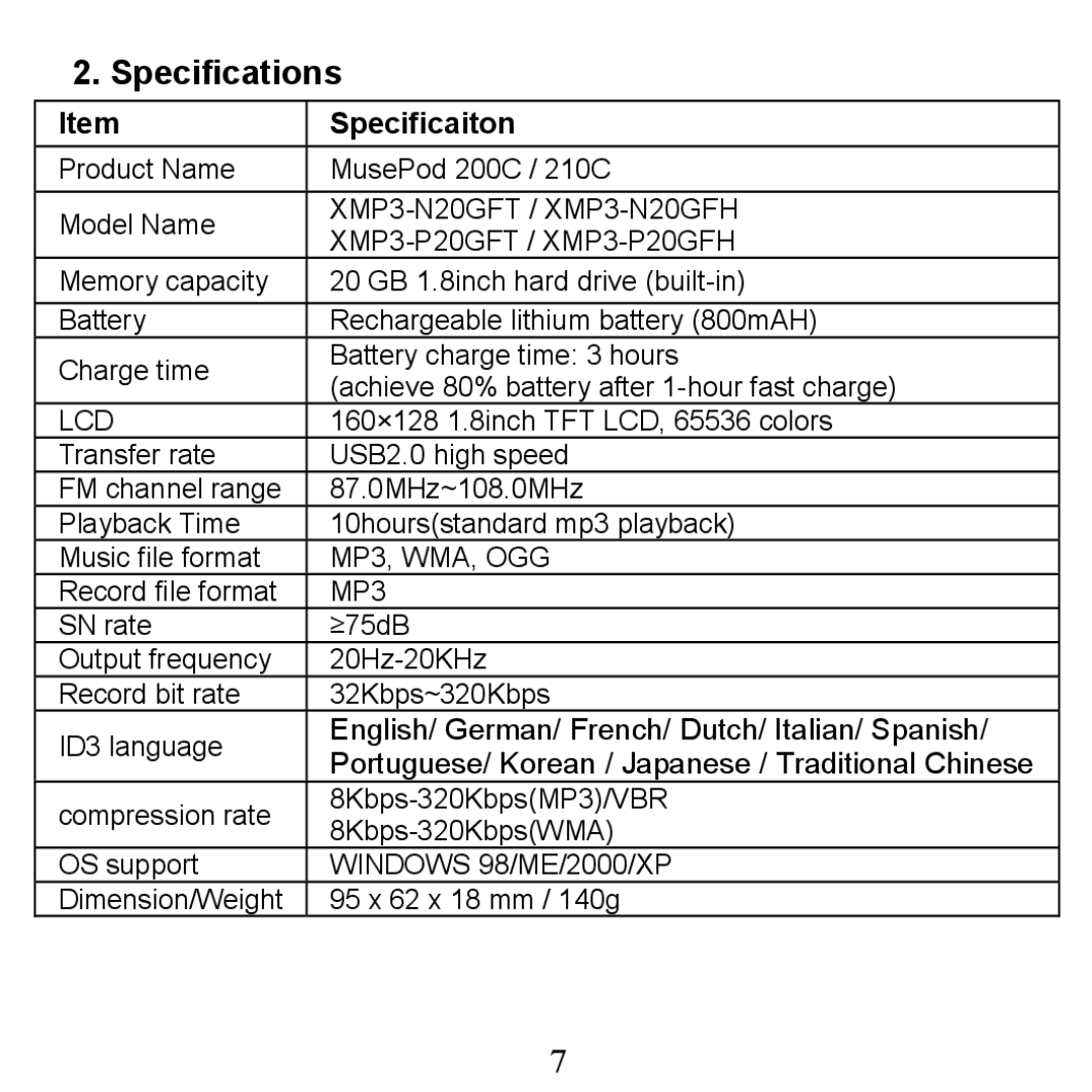 X-Micro Tech 200C, 210C manual Specifications, Specificaiton 