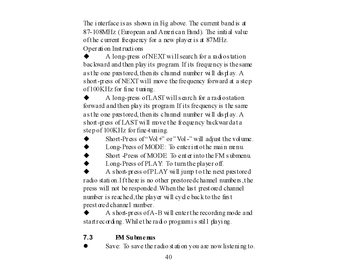 X-Micro Tech 400 user manual FM Submenus 