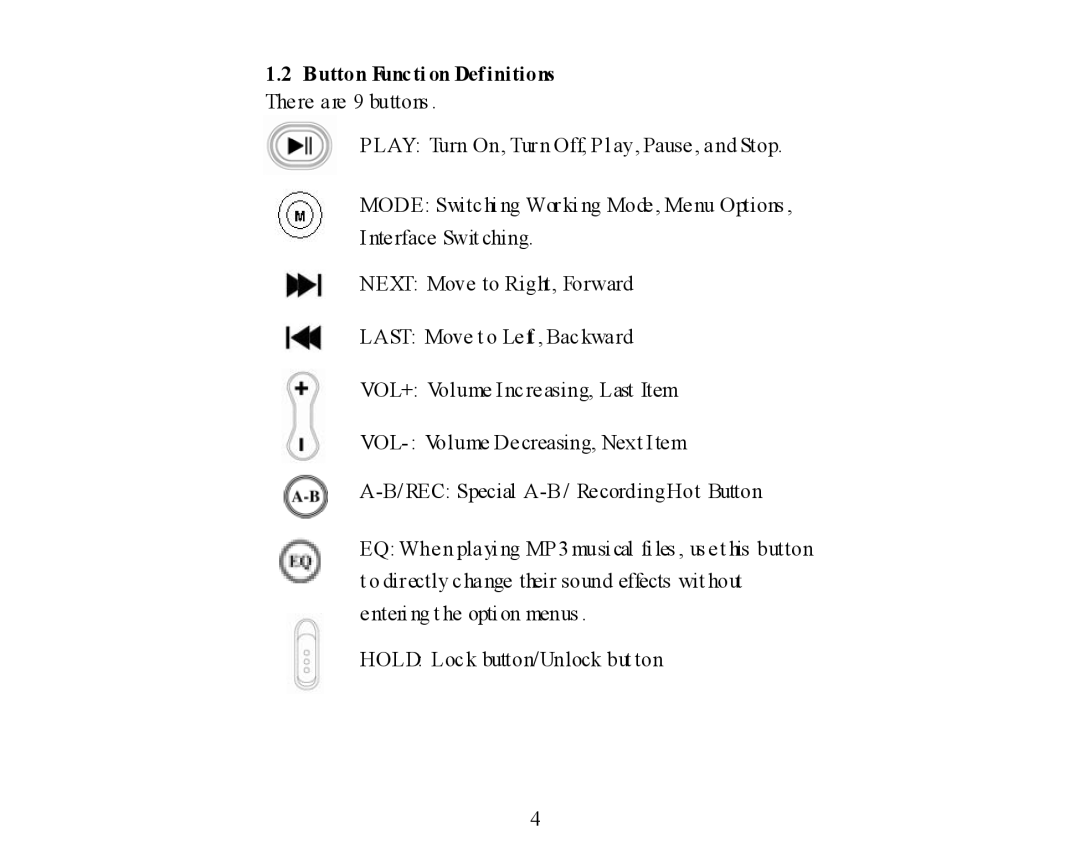 X-Micro Tech 400 user manual Button Functi on Definitions There are 9 buttons 