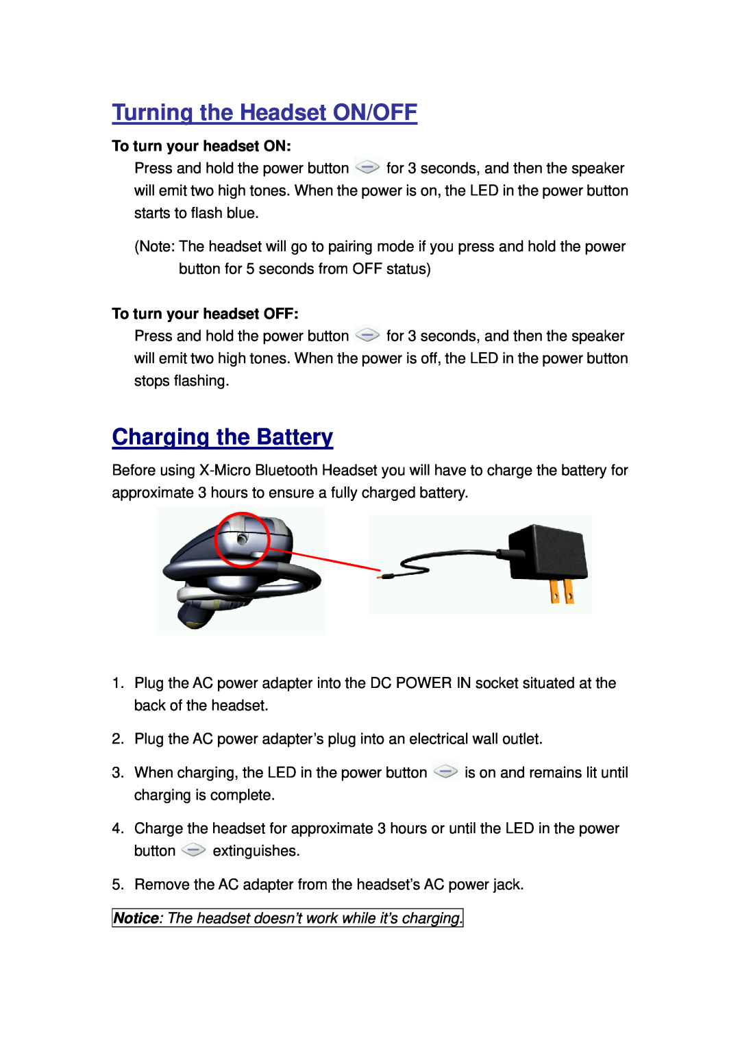 X-Micro Tech BT400GII user manual Turning the Headset ON/OFF, Charging the Battery 