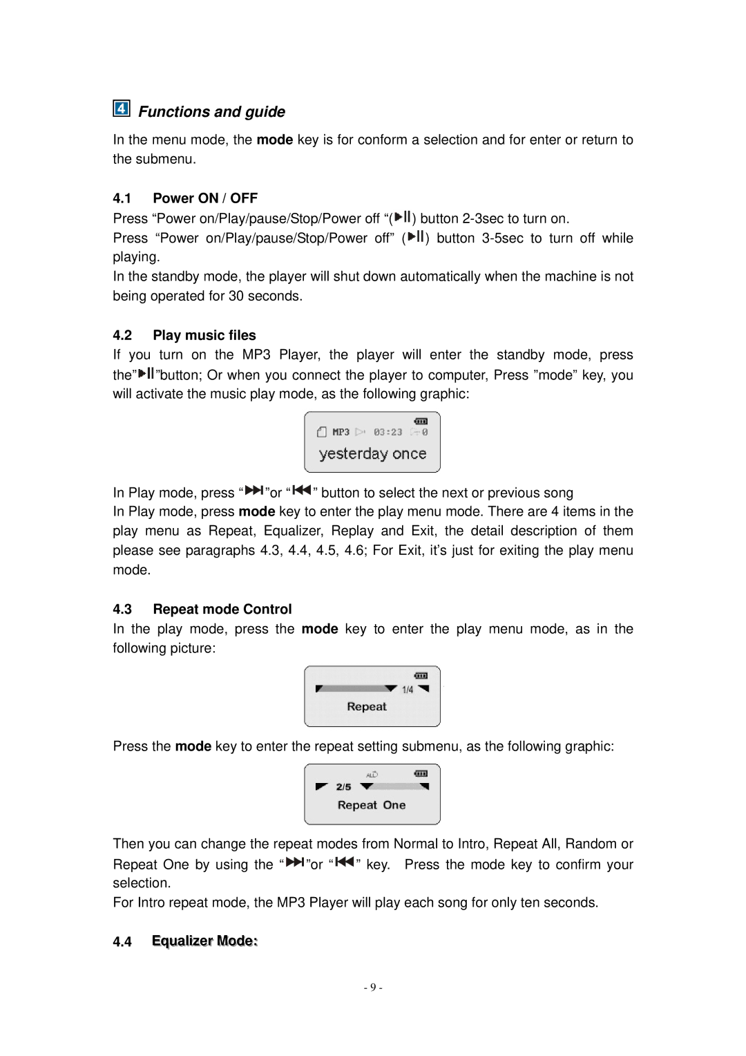 X-Micro Tech Digital MP3 Player user manual Functions and guide, Power on / OFF, Play music files, Repeat mode Control 