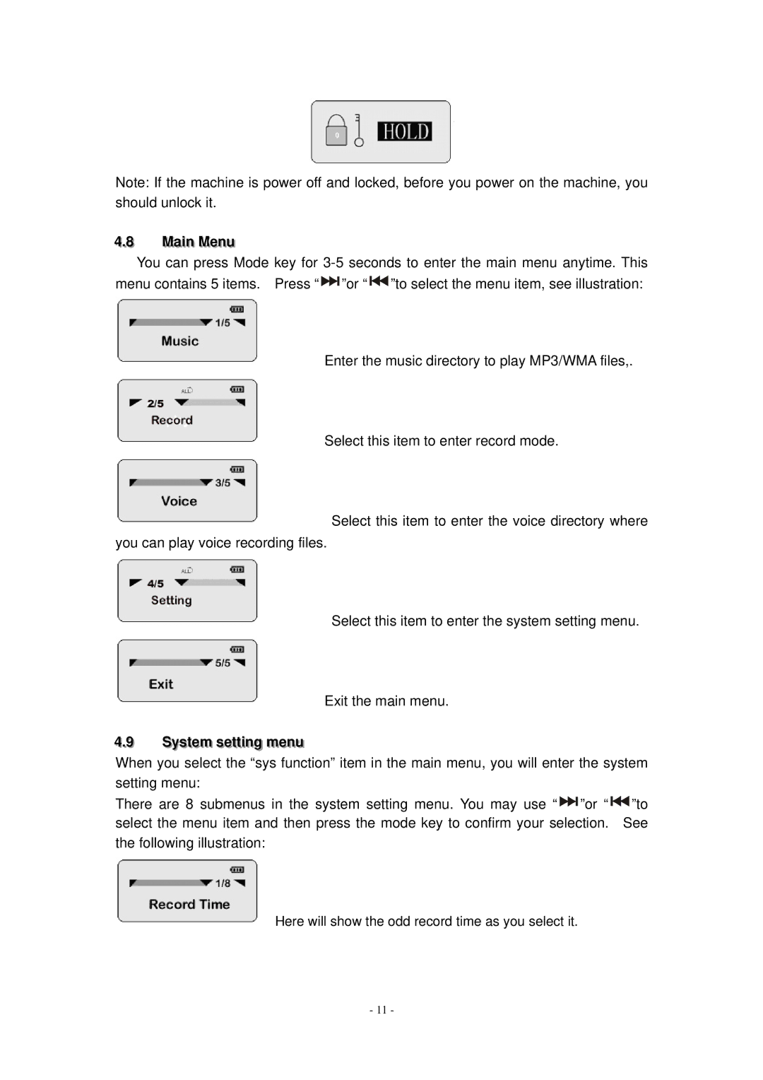 X-Micro Tech Digital MP3 Player user manual Maiin Menu, Systtem settttiing menu 