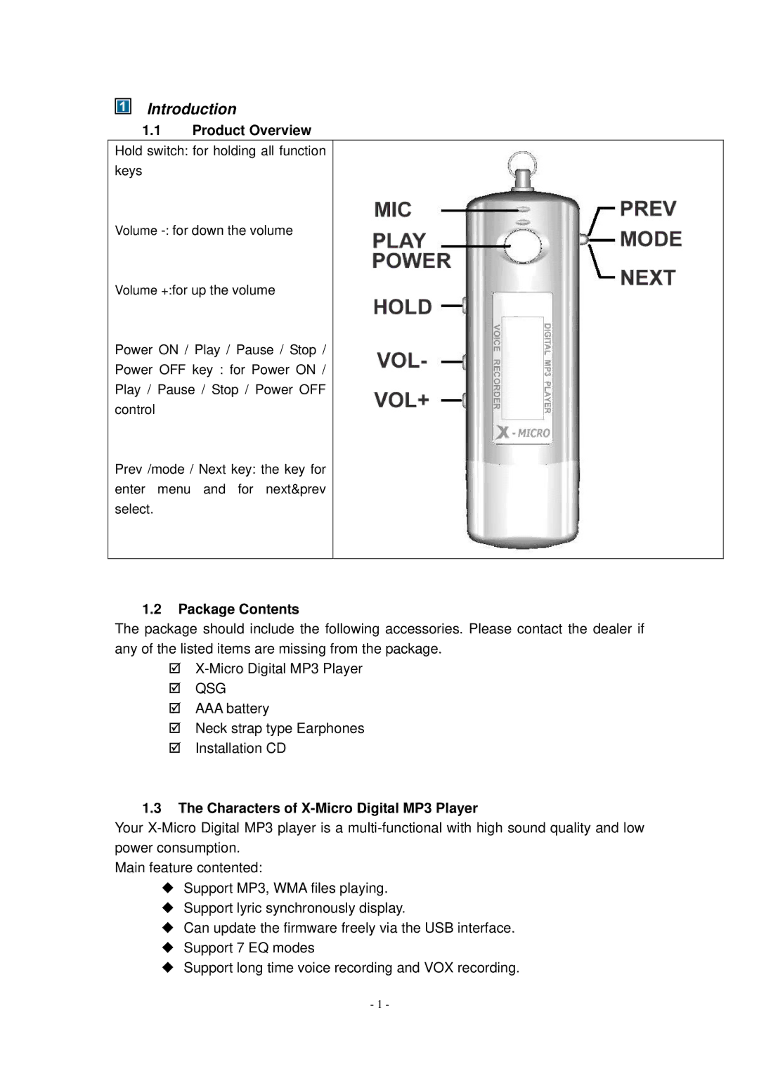 X-Micro Tech user manual Introduction, Product Overview, Package Contents, Characters of X-Micro Digital MP3 Player 