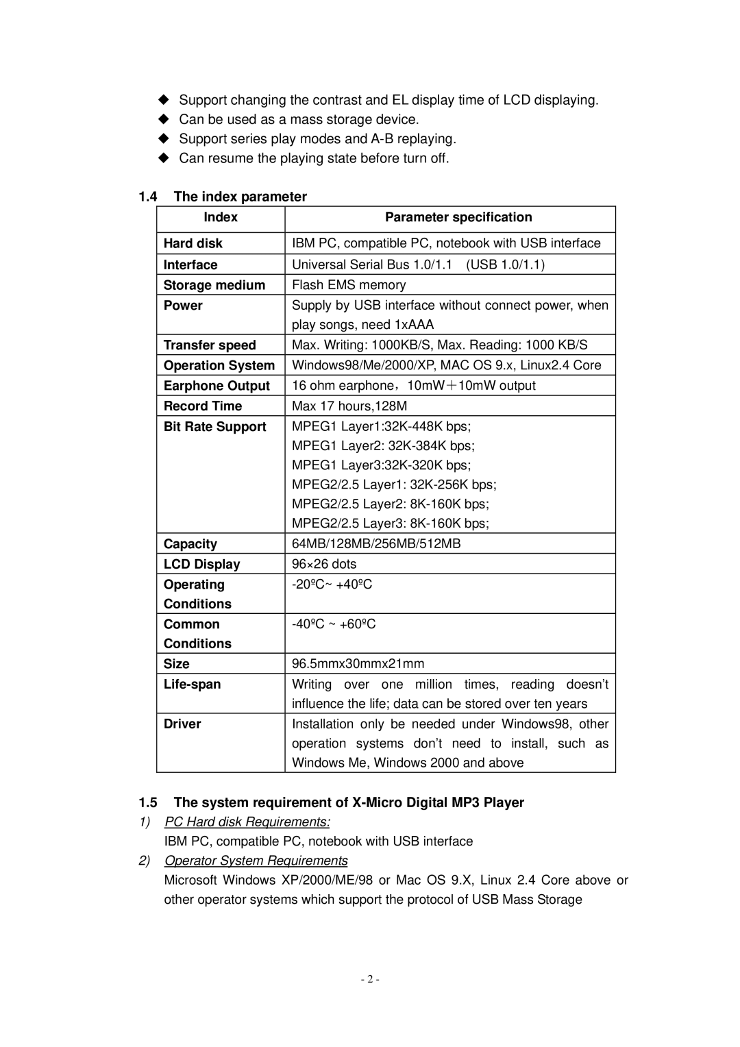 X-Micro Tech user manual Index parameter, System requirement of X-Micro Digital MP3 Player 