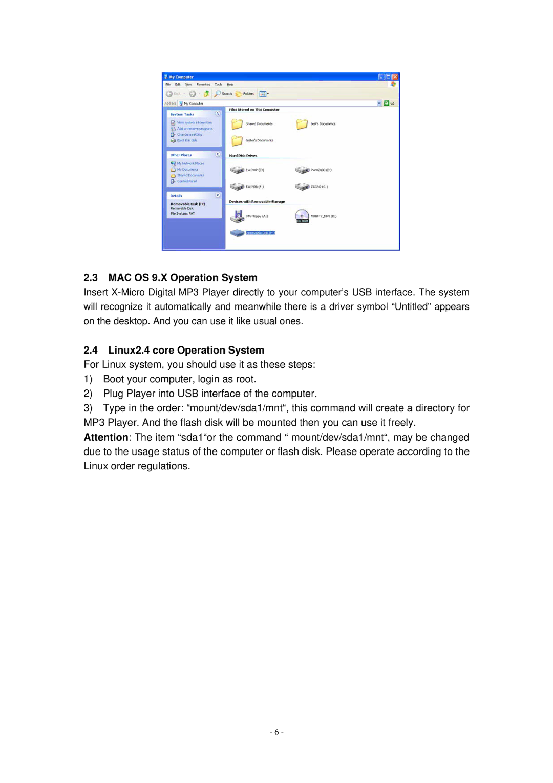 X-Micro Tech Digital MP3 Player user manual MAC OS 9.X Operation System, Linux2.4 core Operation System 