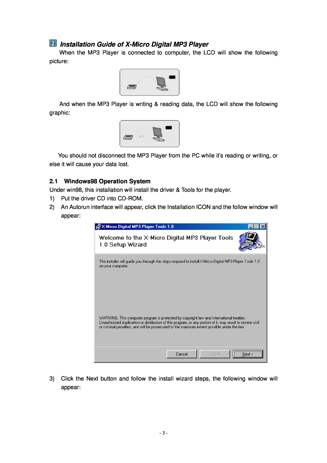 X-Micro Tech user manual Installation Guide of X-Micro Digital MP3 Player, Windows98 Operation System 
