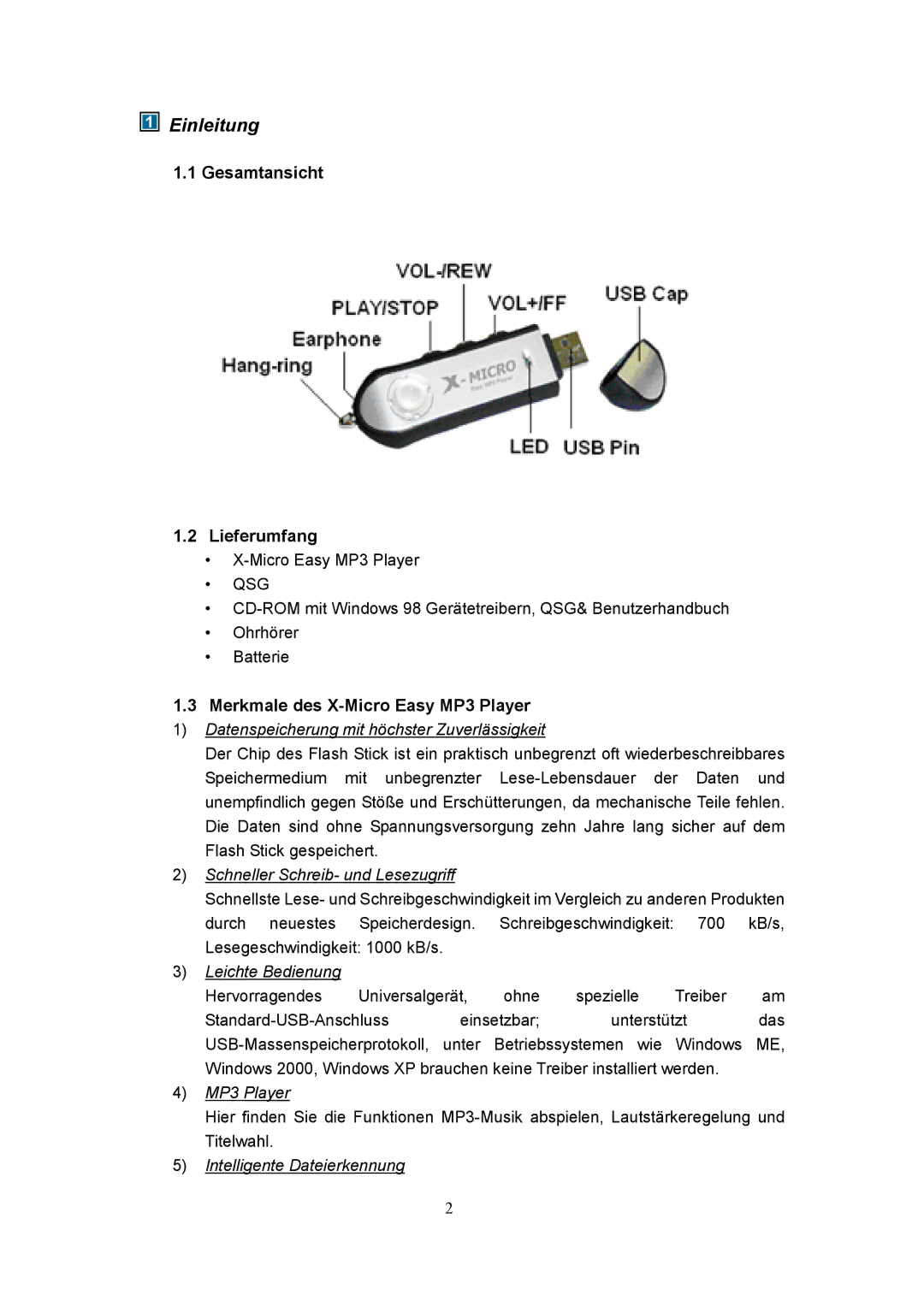 X-Micro Tech user manual Einleitung, Gesamtansicht Lieferumfang, Merkmale des X-Micro Easy MP3 Player 