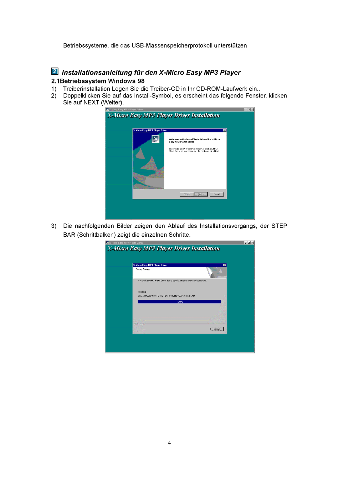 X-Micro Tech user manual Installationsanleitung für den X-Micro Easy MP3 Player, 1Betriebssystem Windows 