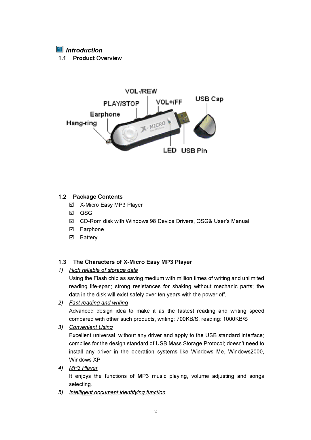 X-Micro Tech user manual Introduction, Product Overview Package Contents, Characters of X-Micro Easy MP3 Player 
