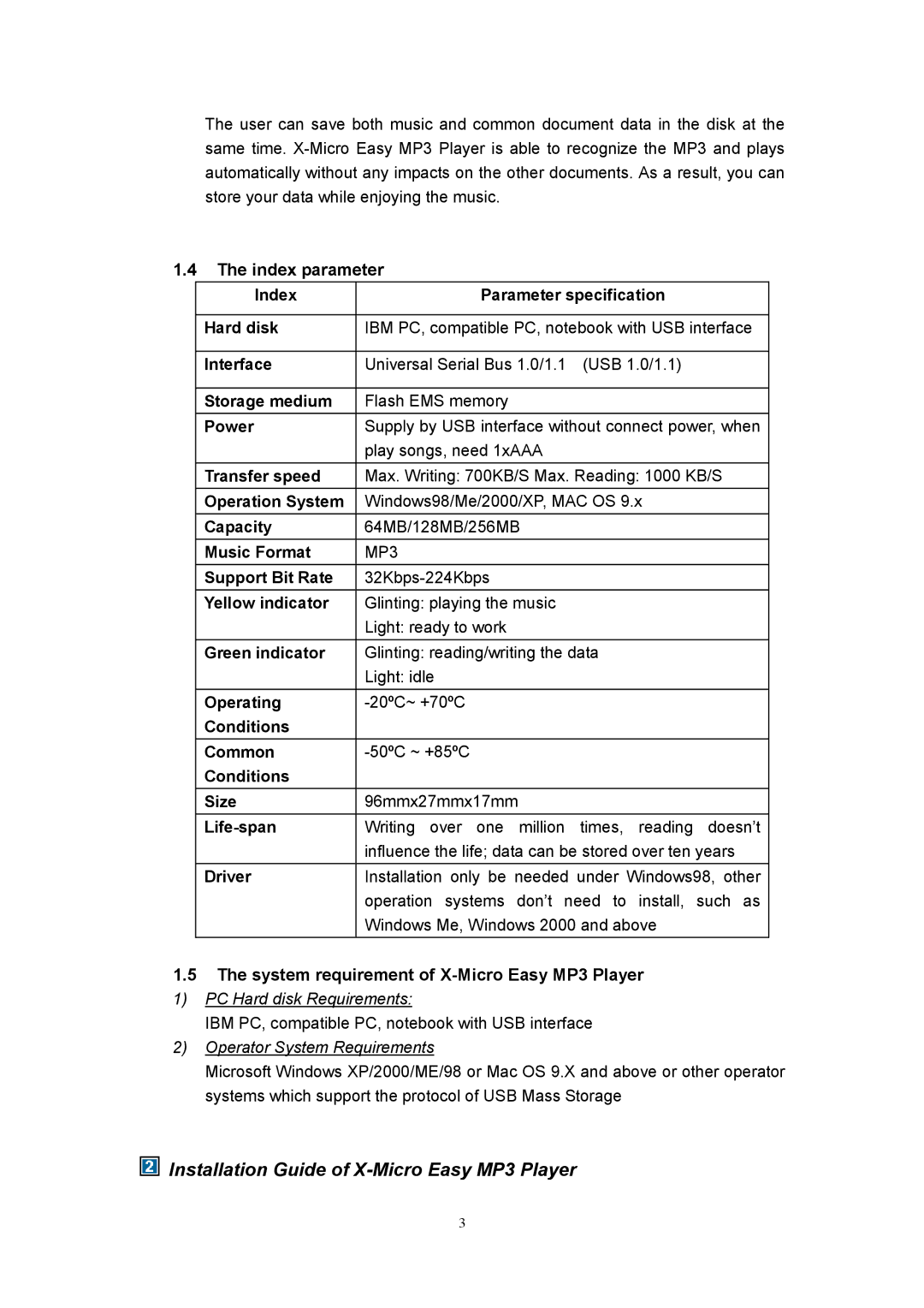 X-Micro Tech user manual Installation Guide of X-Micro Easy MP3 Player, Index parameter, PC Hard disk Requirements 