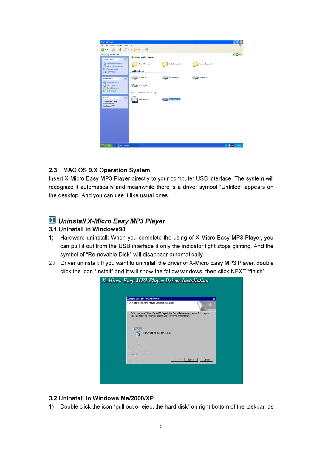 X-Micro Tech user manual Uninstall X-Micro Easy MP3 Player, MAC OS 9.X Operation System, Uninstall in Windows98 