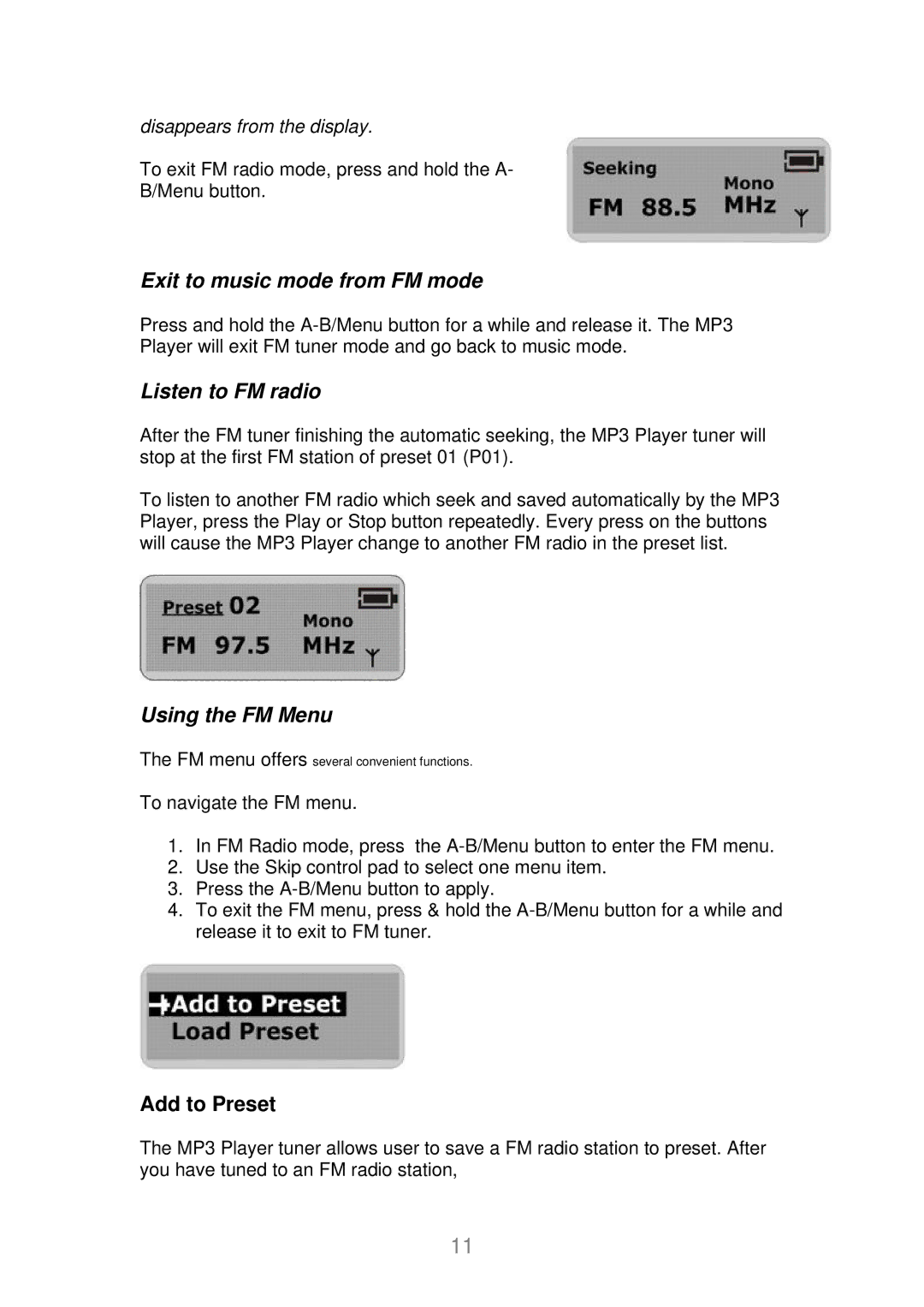 X-Micro Tech EVA 120 user manual Exit to music mode from FM mode, Listen to FM radio, Using the FM Menu, Add to Preset 