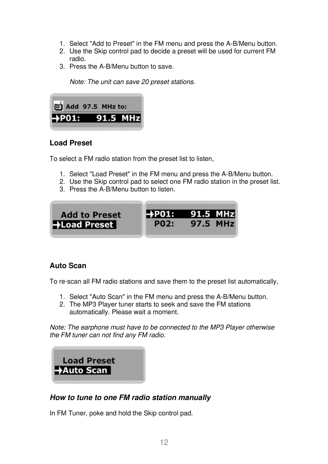 X-Micro Tech EVA 120 user manual Load Preset, Auto Scan, How to tune to one FM radio station manually 