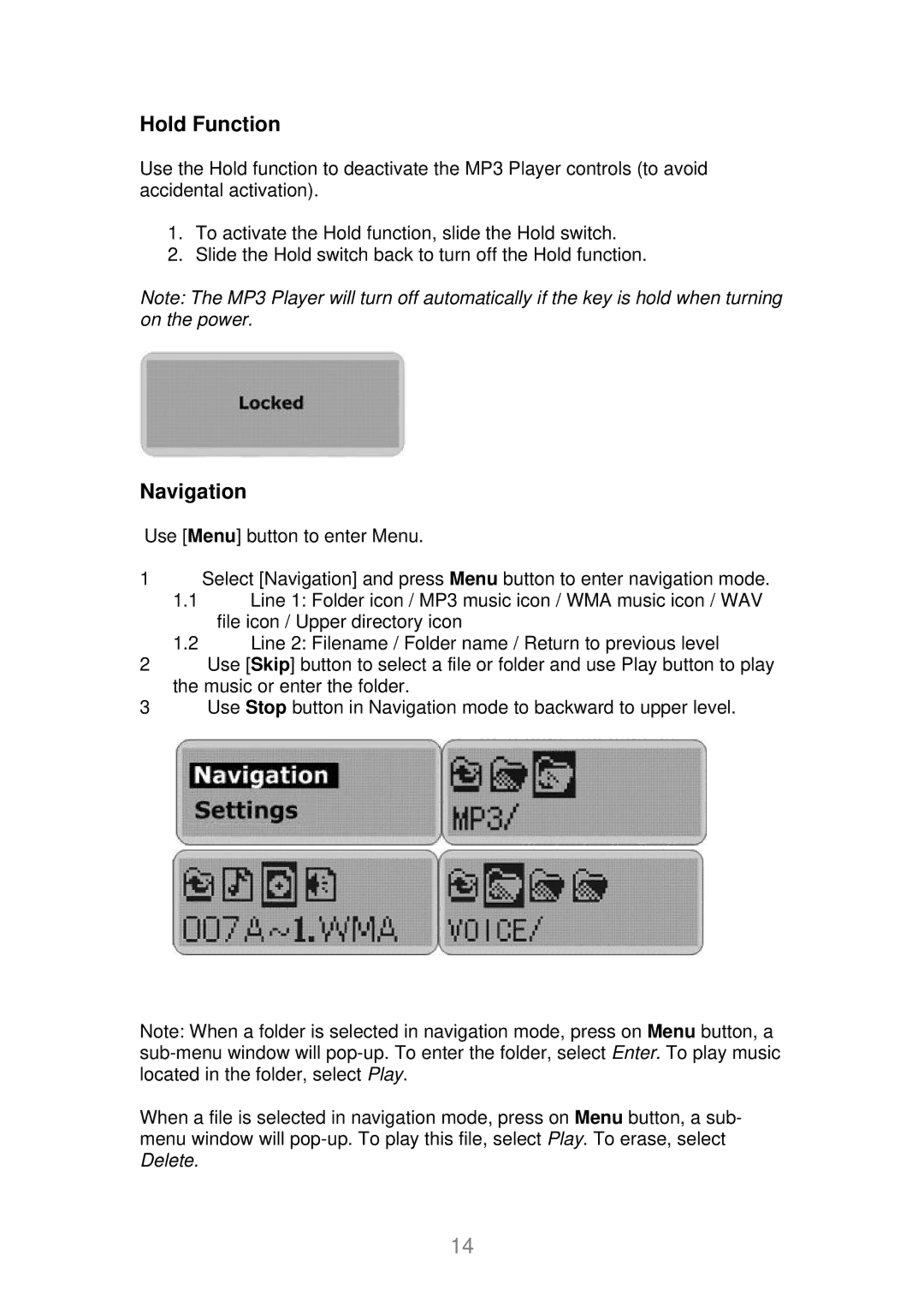 X-Micro Tech EVA 120 user manual Hold Function, Navigation 