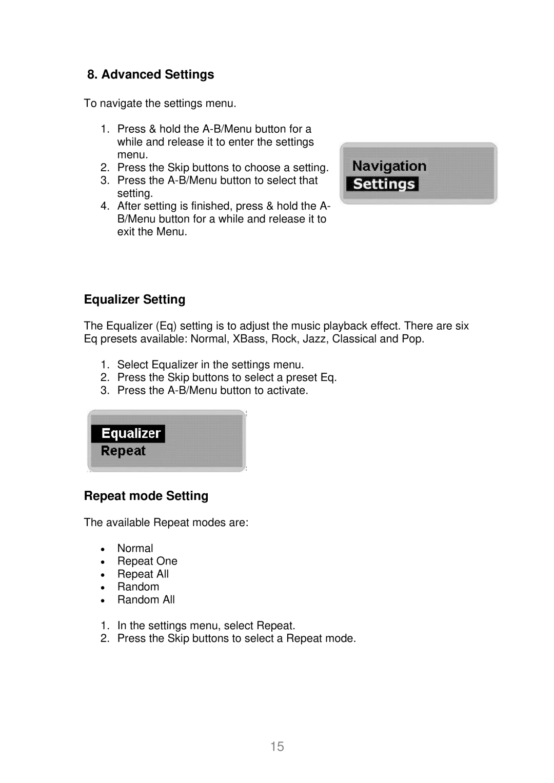 X-Micro Tech EVA 120 user manual Advanced Settings, Equalizer Setting, Repeat mode Setting 