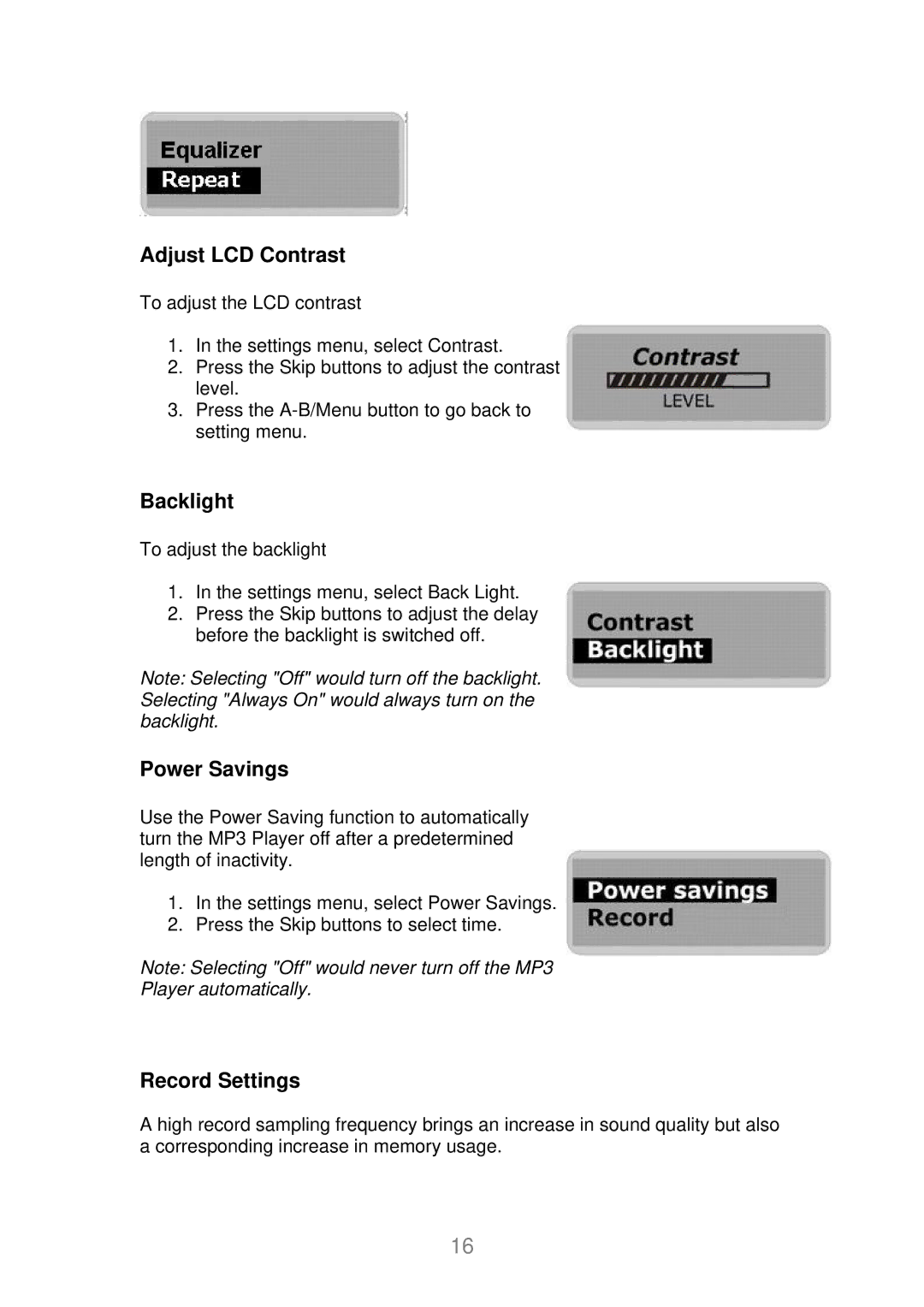 X-Micro Tech EVA 120 user manual Adjust LCD Contrast, Backlight, Power Savings, Record Settings 