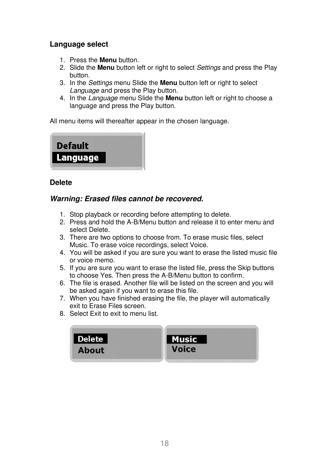 X-Micro Tech EVA 120 user manual Language select, Delete 