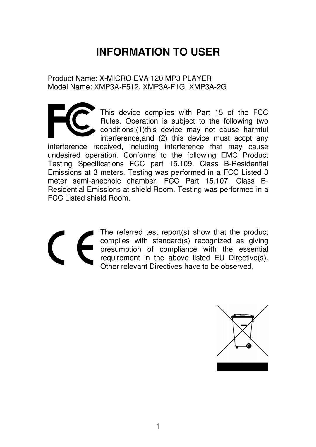 X-Micro Tech EVA 120 user manual Information to User 