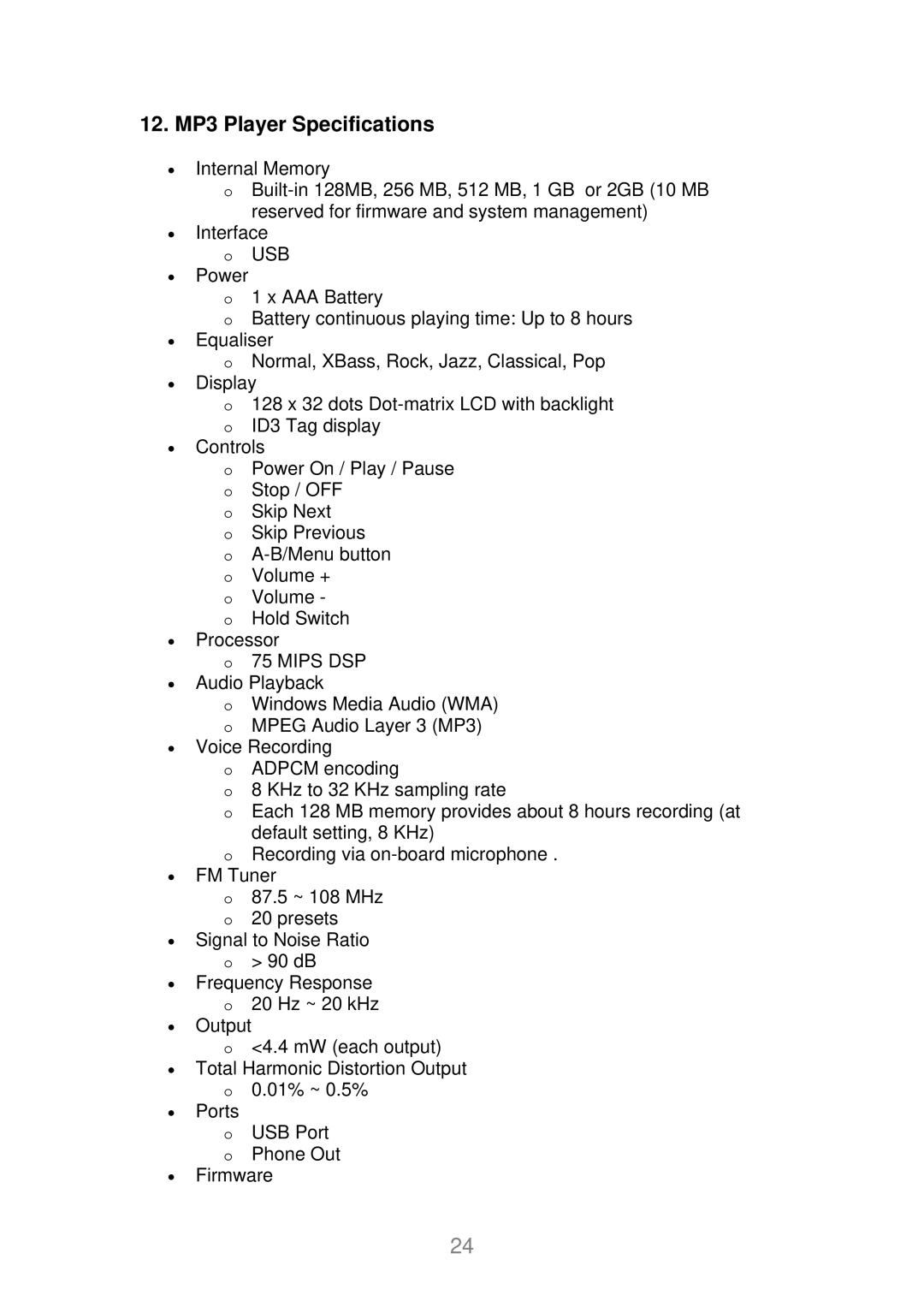 X-Micro Tech EVA 120 user manual 12. MP3 Player Specifications 