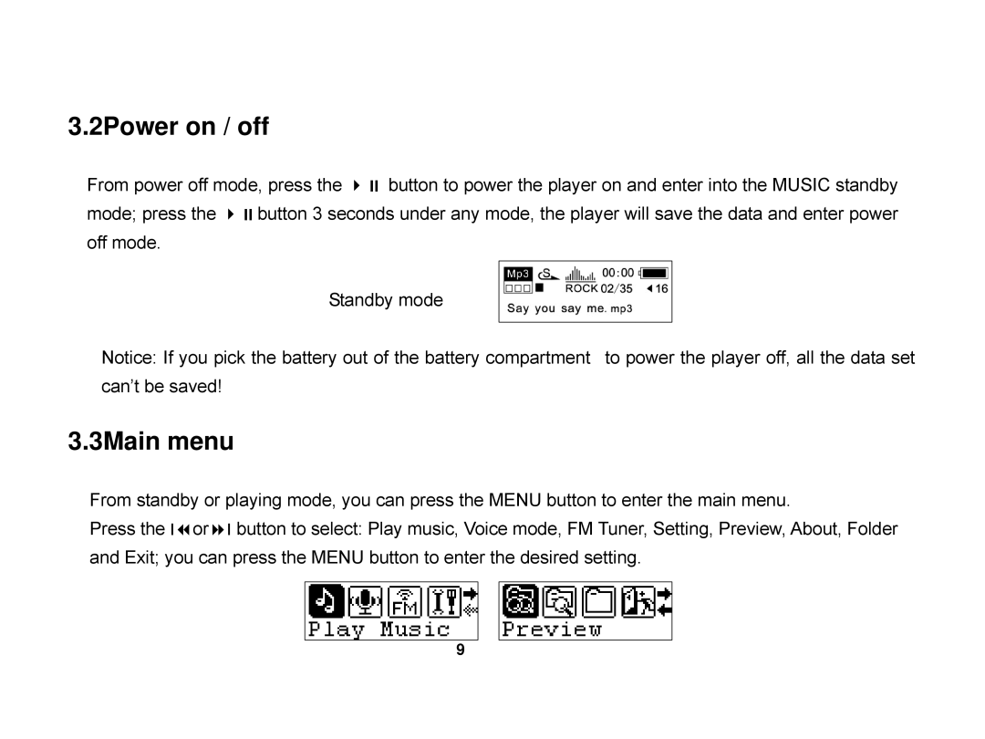 X-Micro Tech EVA 130 user manual 2Power on / off, 3Main menu 