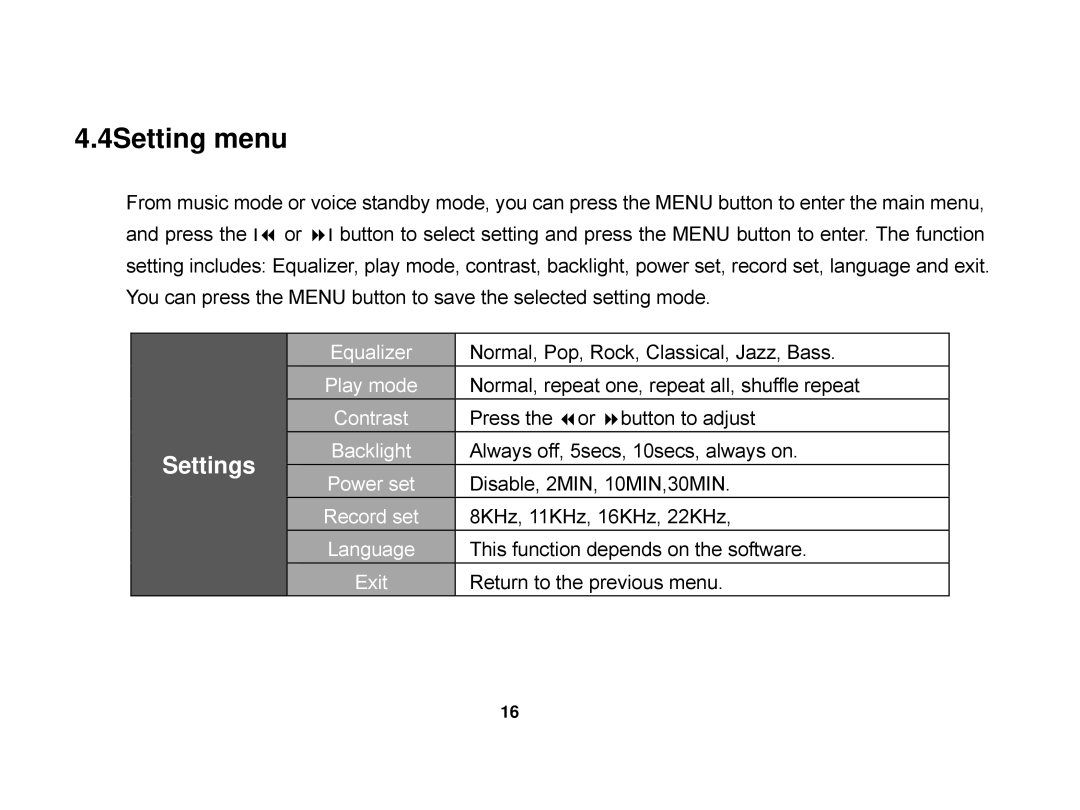 X-Micro Tech EVA 130 user manual 4Setting menu, Settings 